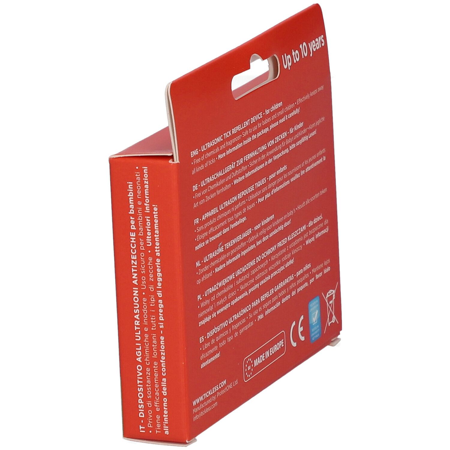 Rote Verpackung, Text in mehreren Sprachen. Aufschrift: TICKLESS. CE-Kennzeichnung und Recycling-Symbol. Produkt nicht sichtbar.