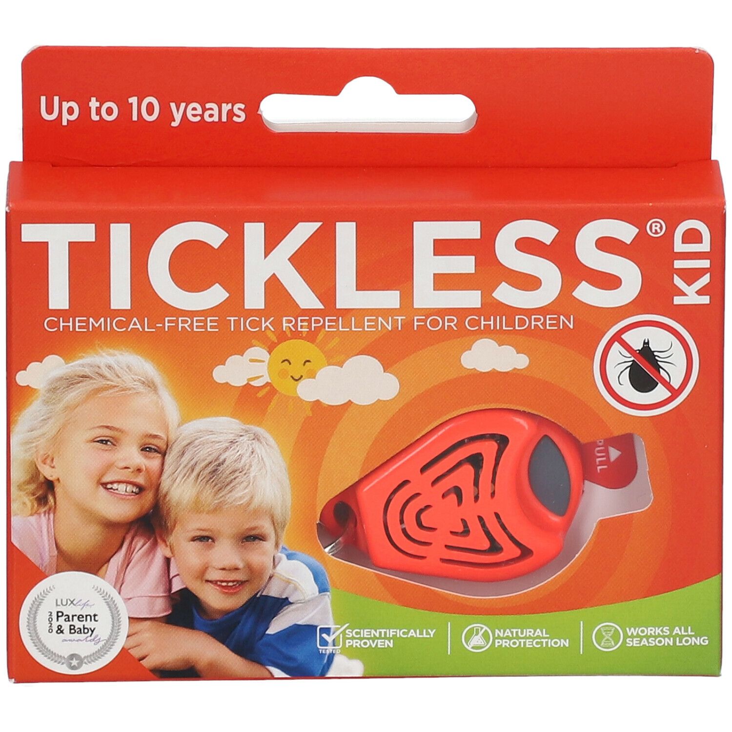 Rote Verpackung mit Produkt. Aufschrift: TICKLESS KID. Abbildung von Kindern und Zecken-Symbol. Produkt sichtbar.