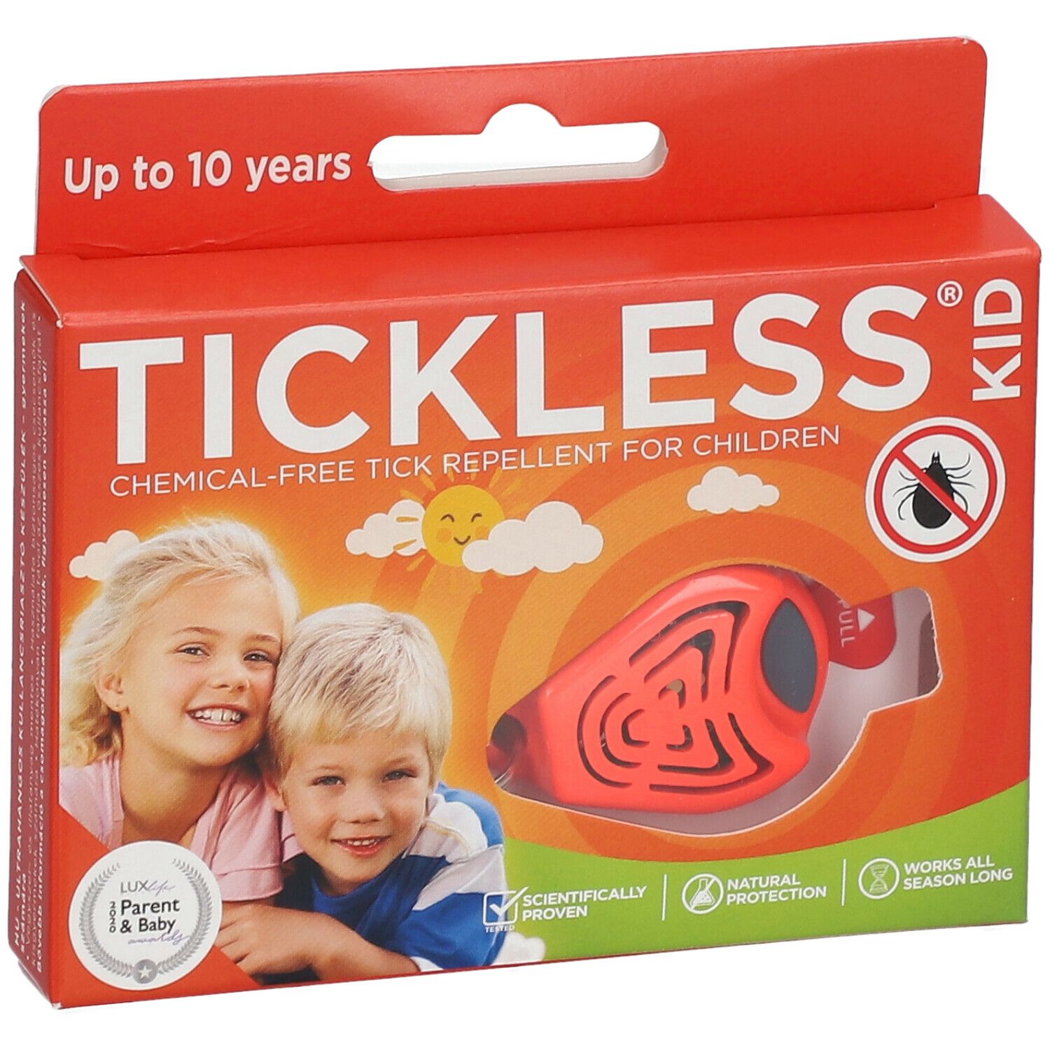 Rote Verpackung mit Produkt. Aufschrift: TICKLESS KID. Abbildung von Kindern und Zecken-Symbol. Produkt sichtbar.