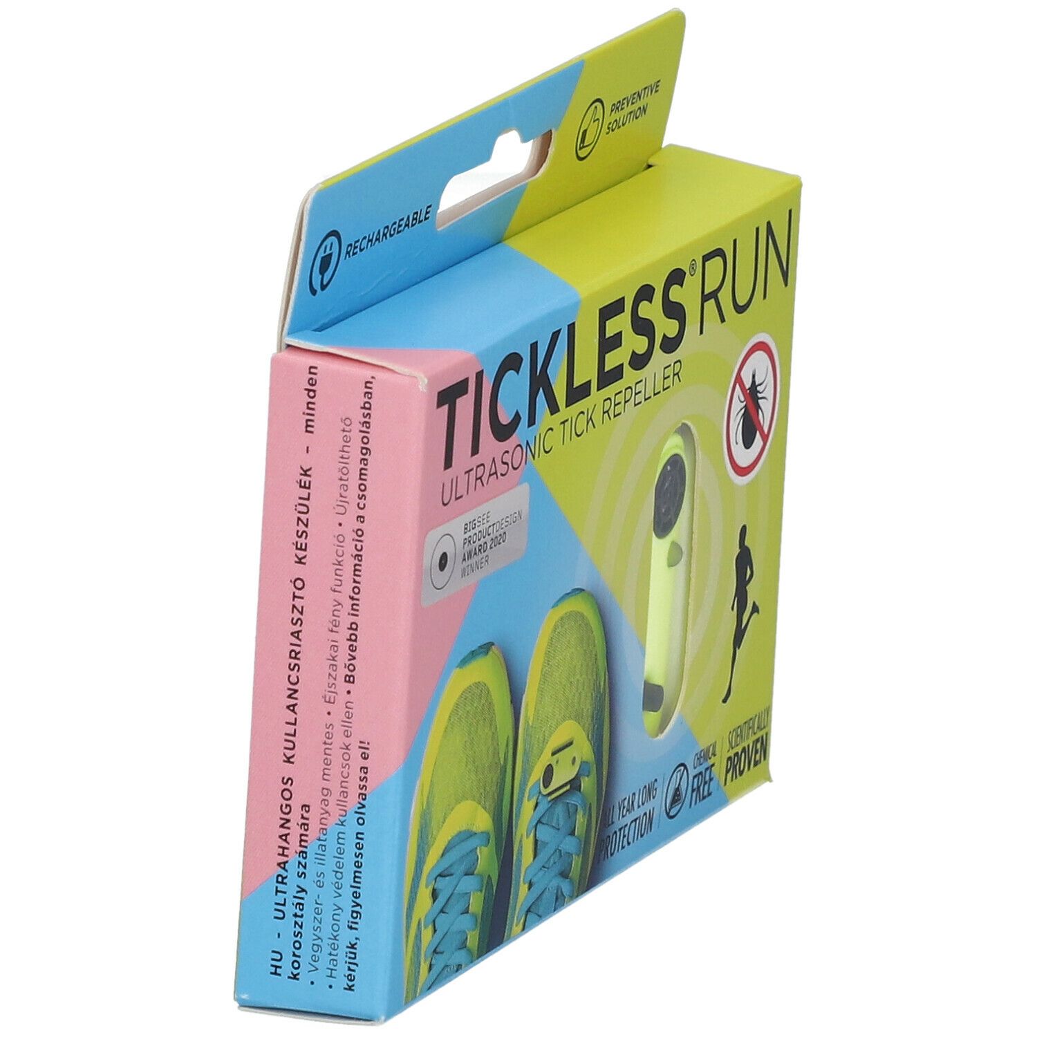 Verpakking TICKLESS® RUN. Ultrasone tekenverjager. Neonkleurig apparaat. Hardloopschoenen. Oplaadbaar.