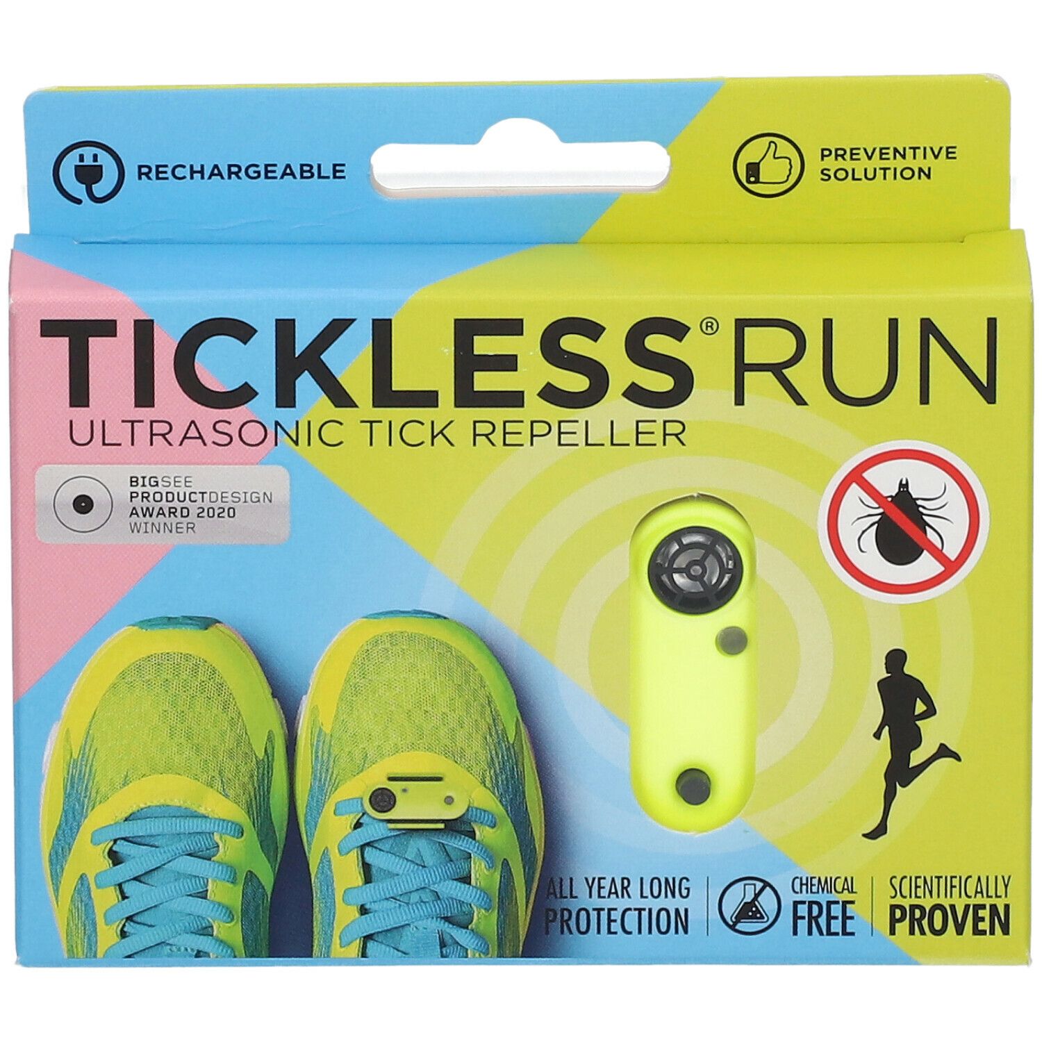 Verpakking TICKLESS® RUN. Ultrasone tekenverjager. Neonkleurig apparaat. Hardloopschoenen. Oplaadbaar.