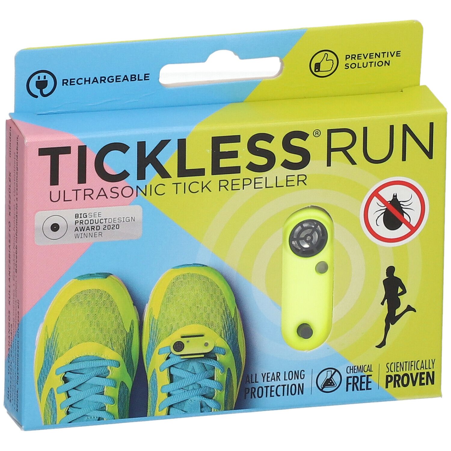 Verpakking TICKLESS® RUN. Ultrasone tekenverjager. Neonkleurig apparaat. Hardloopschoenen. Oplaadbaar.
