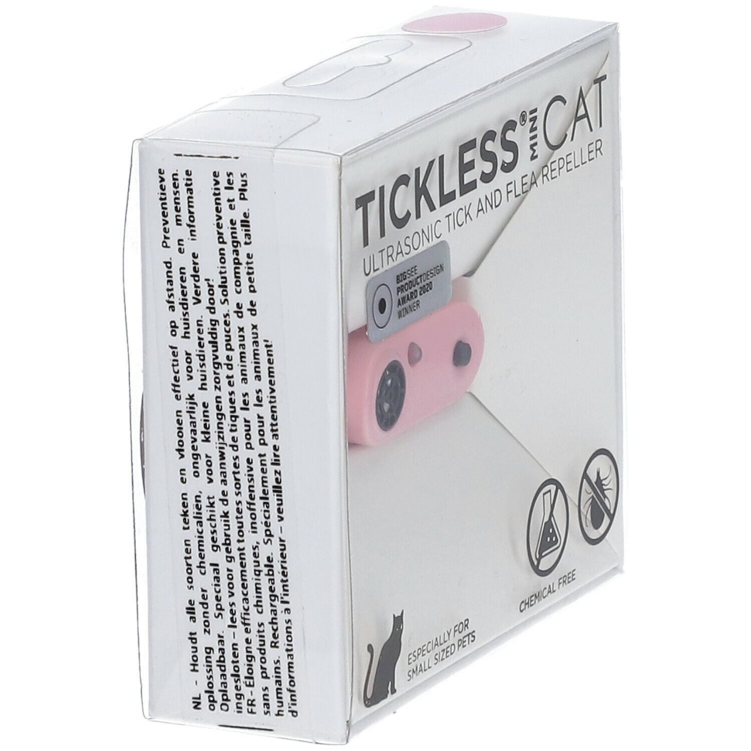 Verpakking van Tickless Mini Cat. Roze apparaat in witte doos. Tekst: Ultrasone teken- en vlooienwerend middel. Chemievrij. Voor kleine huisdieren.