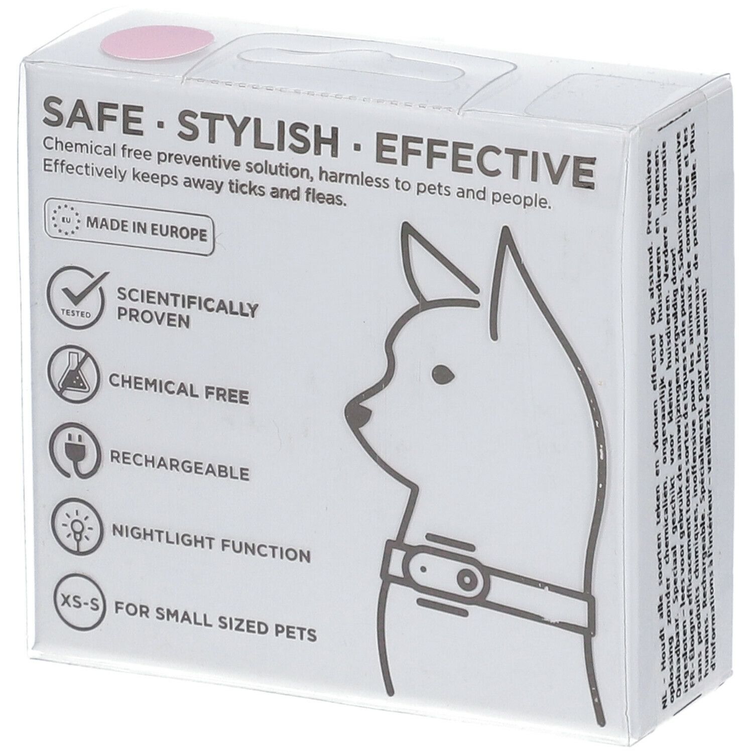 Witte verpakking met tekst: Veilig, stijlvol, effectief. Chemievrije oplossing. Voor kleine huisdieren. Logo: Made in Europe, oplaadbaar.