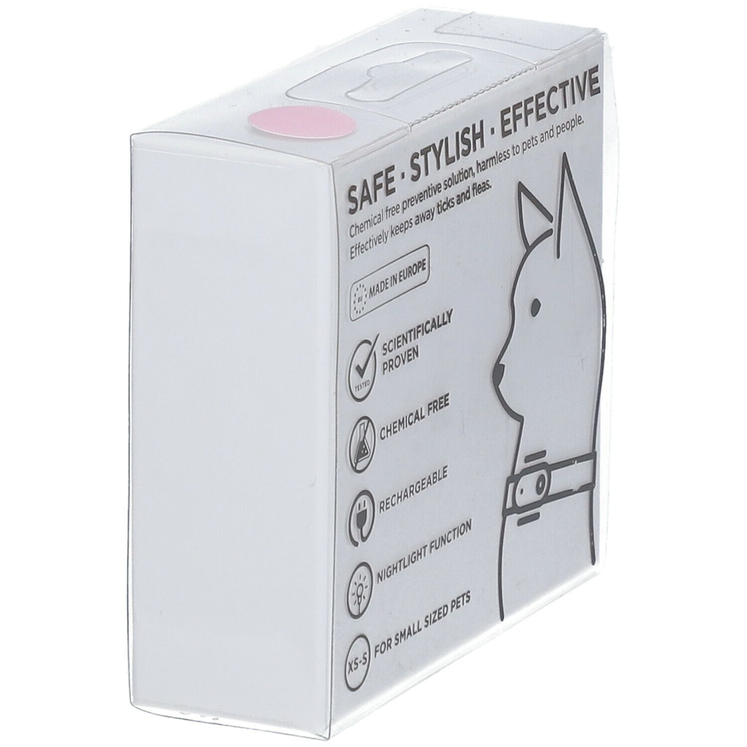Witte verpakking met tekst: Veilig, stijlvol, effectief. Chemievrije oplossing. Voor kleine huisdieren. Logo: Made in Europe, oplaadbaar.