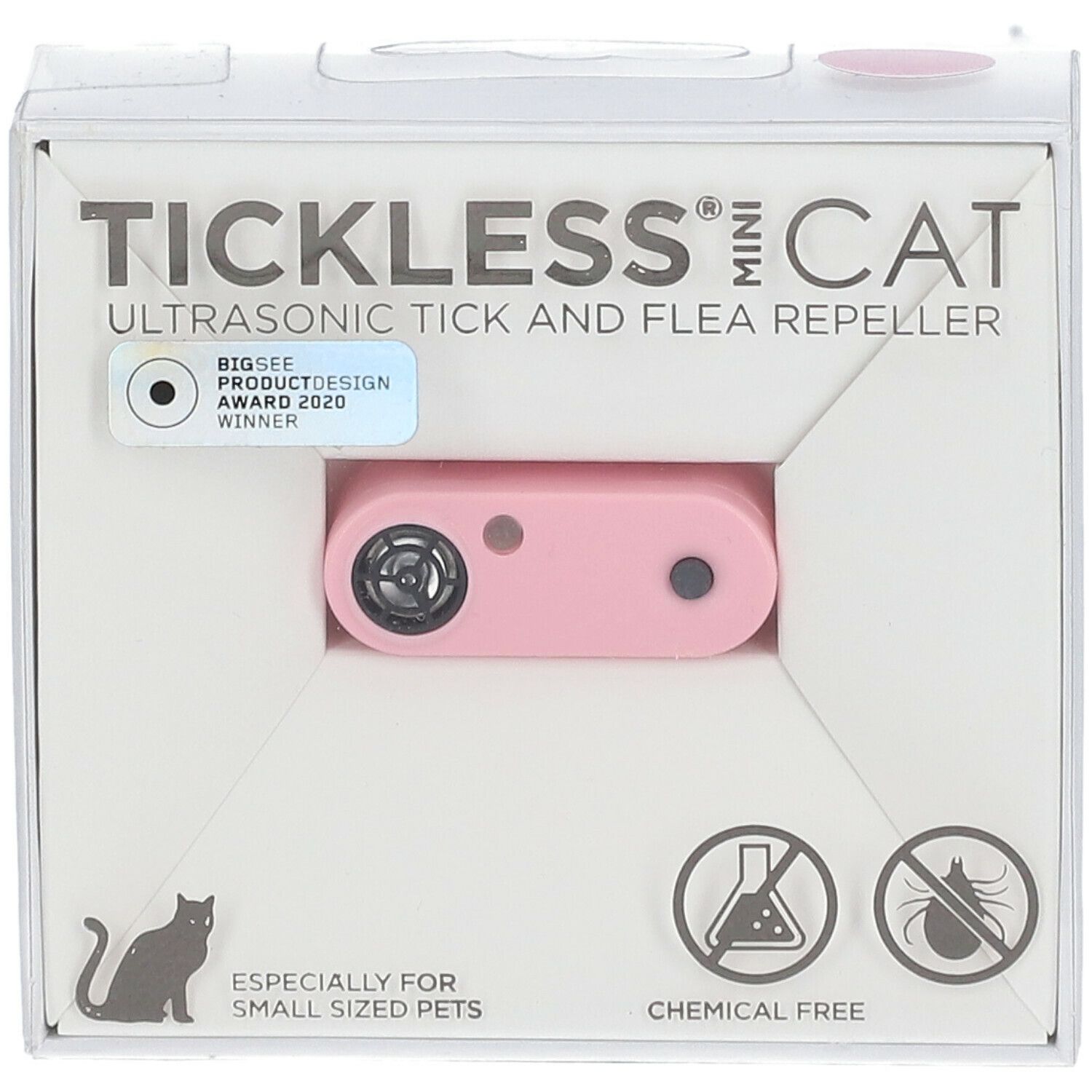 Roze Tickless Mini Cat in witte verpakking. Ultrasone teken- en vlooienwerend middel. Prijs: Product Design Award 2020. Chemievrij.