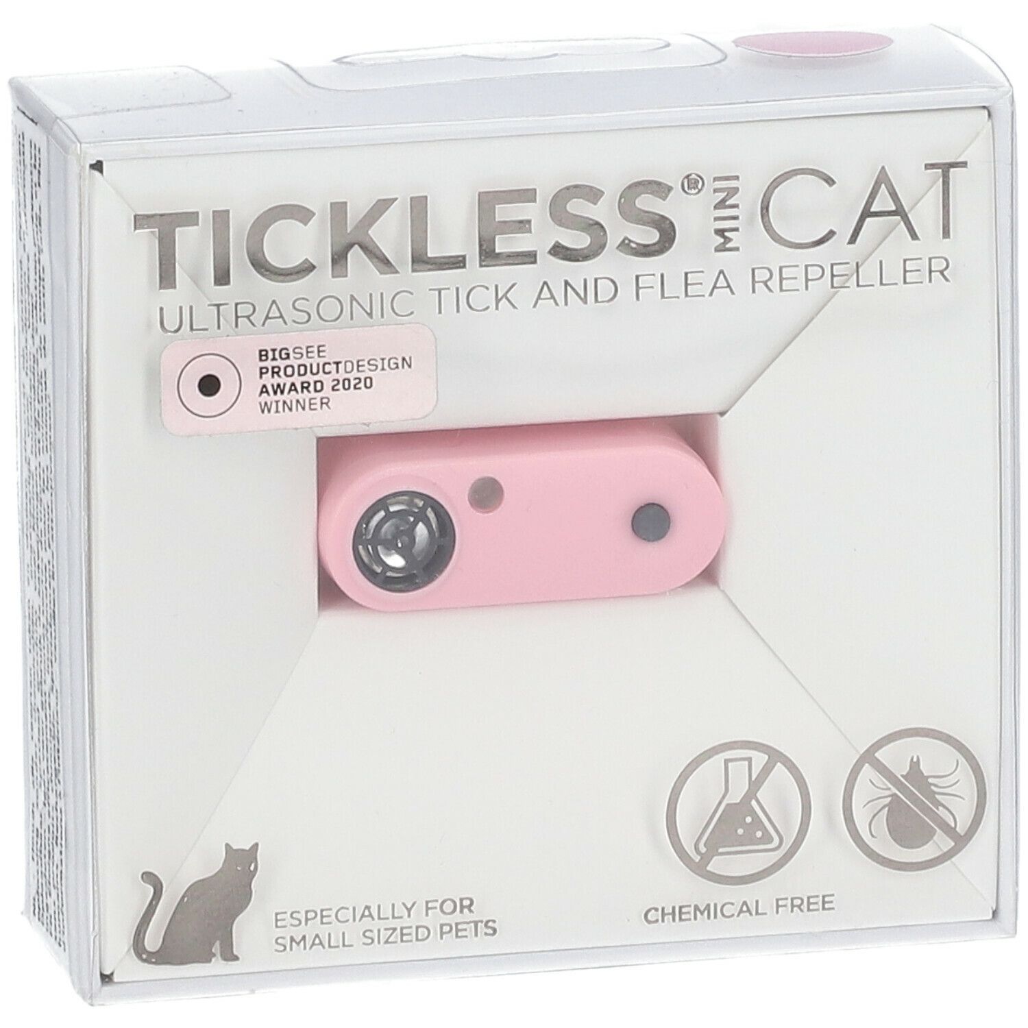 Roze Tickless Mini Cat in witte verpakking. Ultrasone teken- en vlooienwerend middel. Prijs: Product Design Award 2020. Chemievrij.