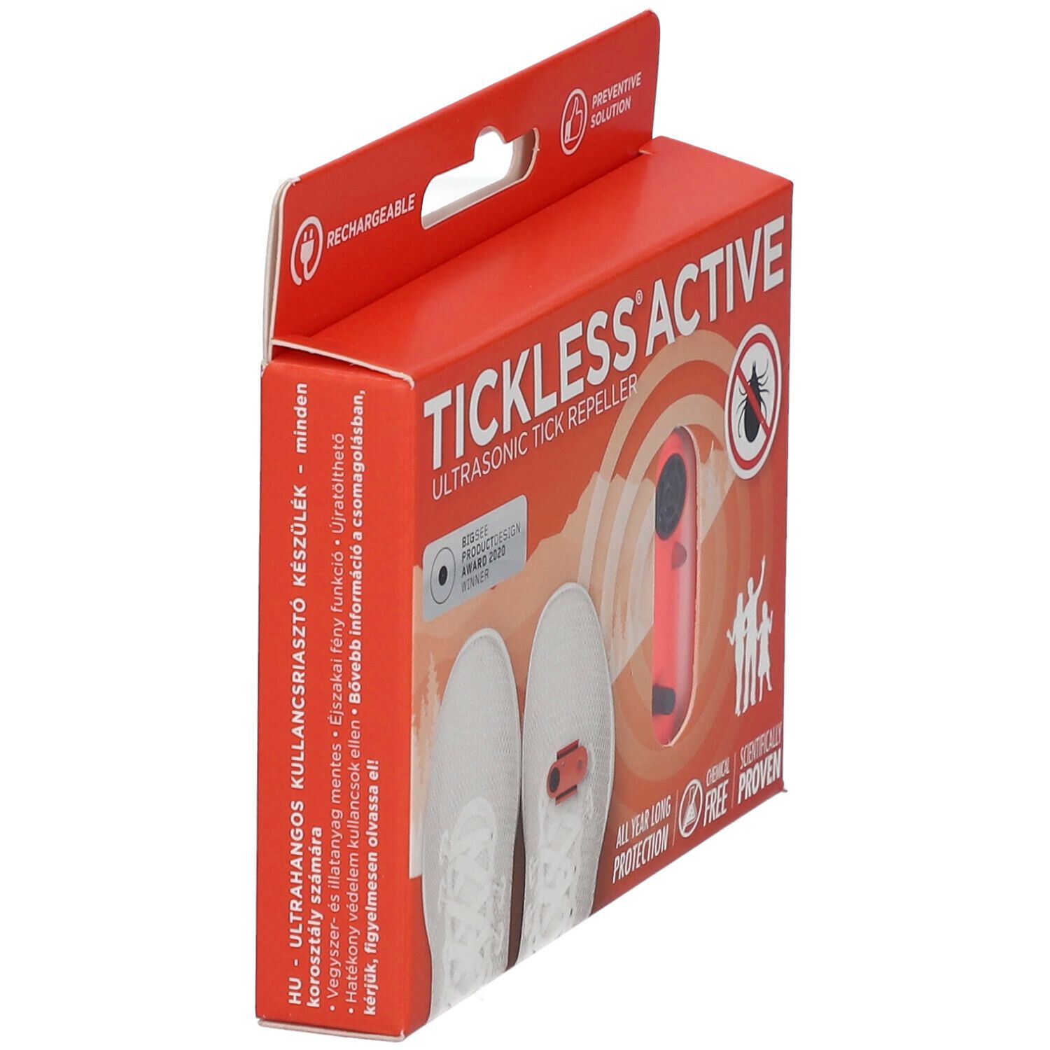 Rote Verpackung, Seitenansicht. Zeigt Text und ein Gerät. Text: TICKLESS ACTIVE, Ultraschall-Zeckenabwehr. Mit Produktabbildung.