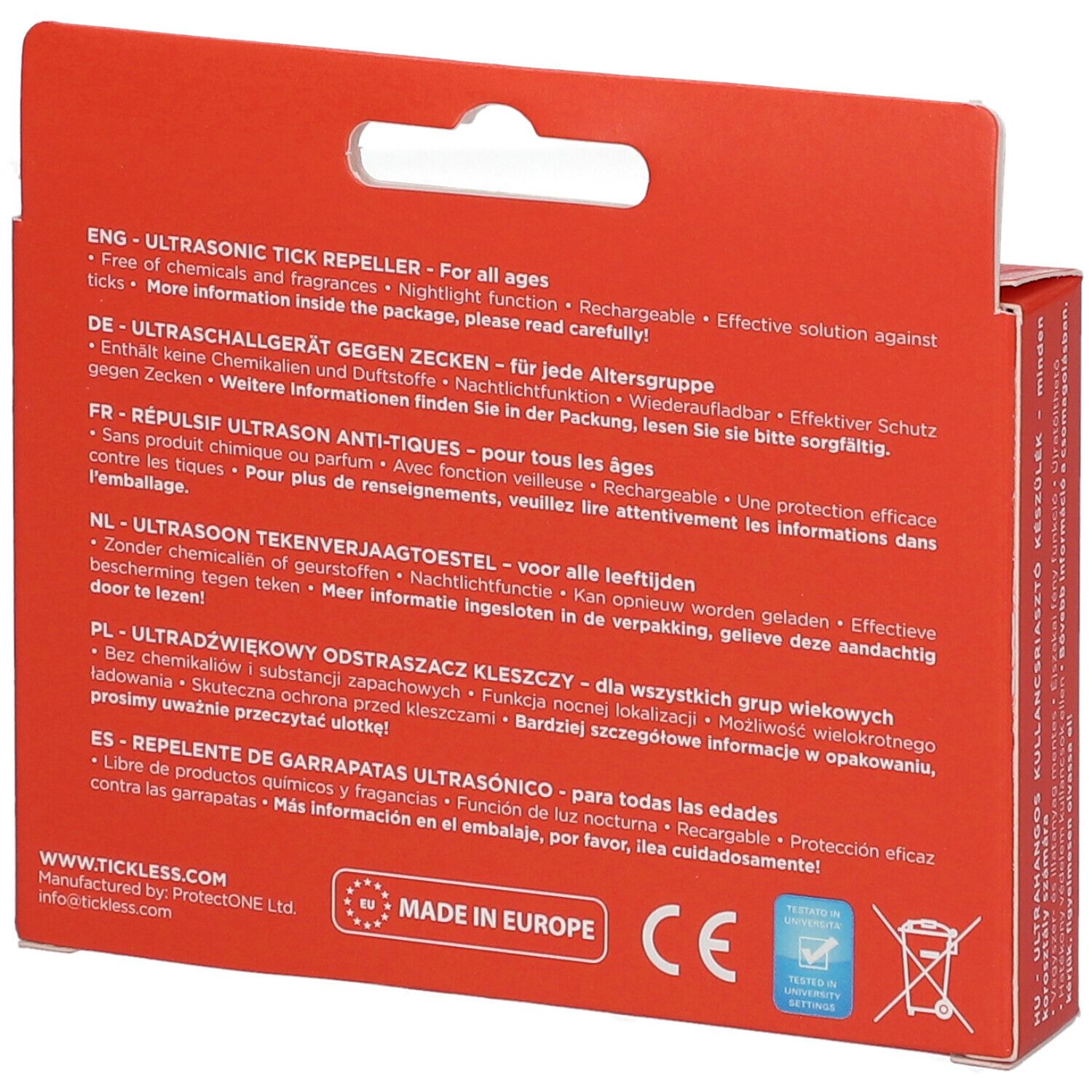 Rückseite der roten Verpackung. Text in mehreren Sprachen. Informationen zum Produkt: Ultraschall-Zeckenabwehr.