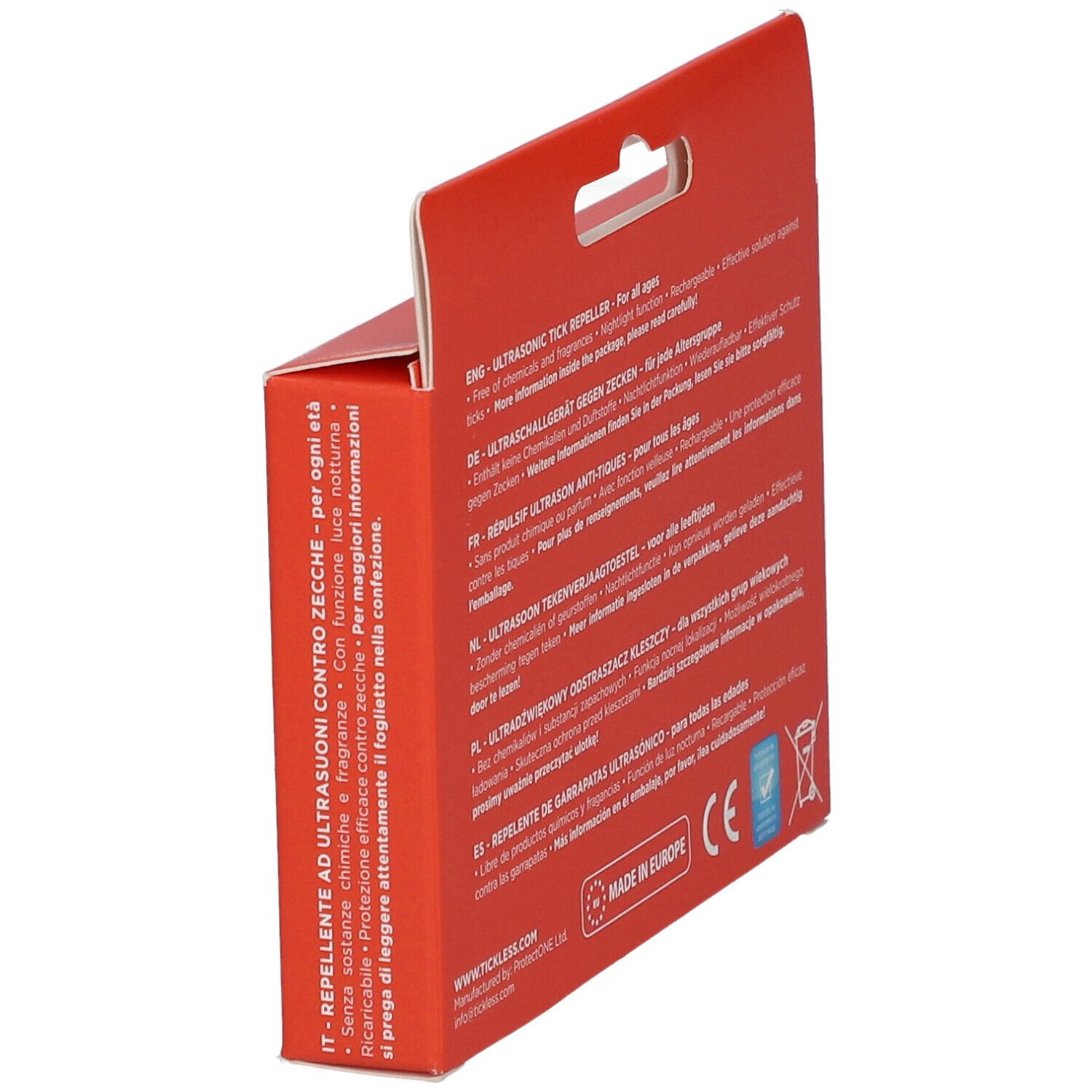 Seitenansicht der roten Verpackung. Text in mehreren Sprachen. Informationen zum Produkt: Ultraschall-Zeckenabwehr.