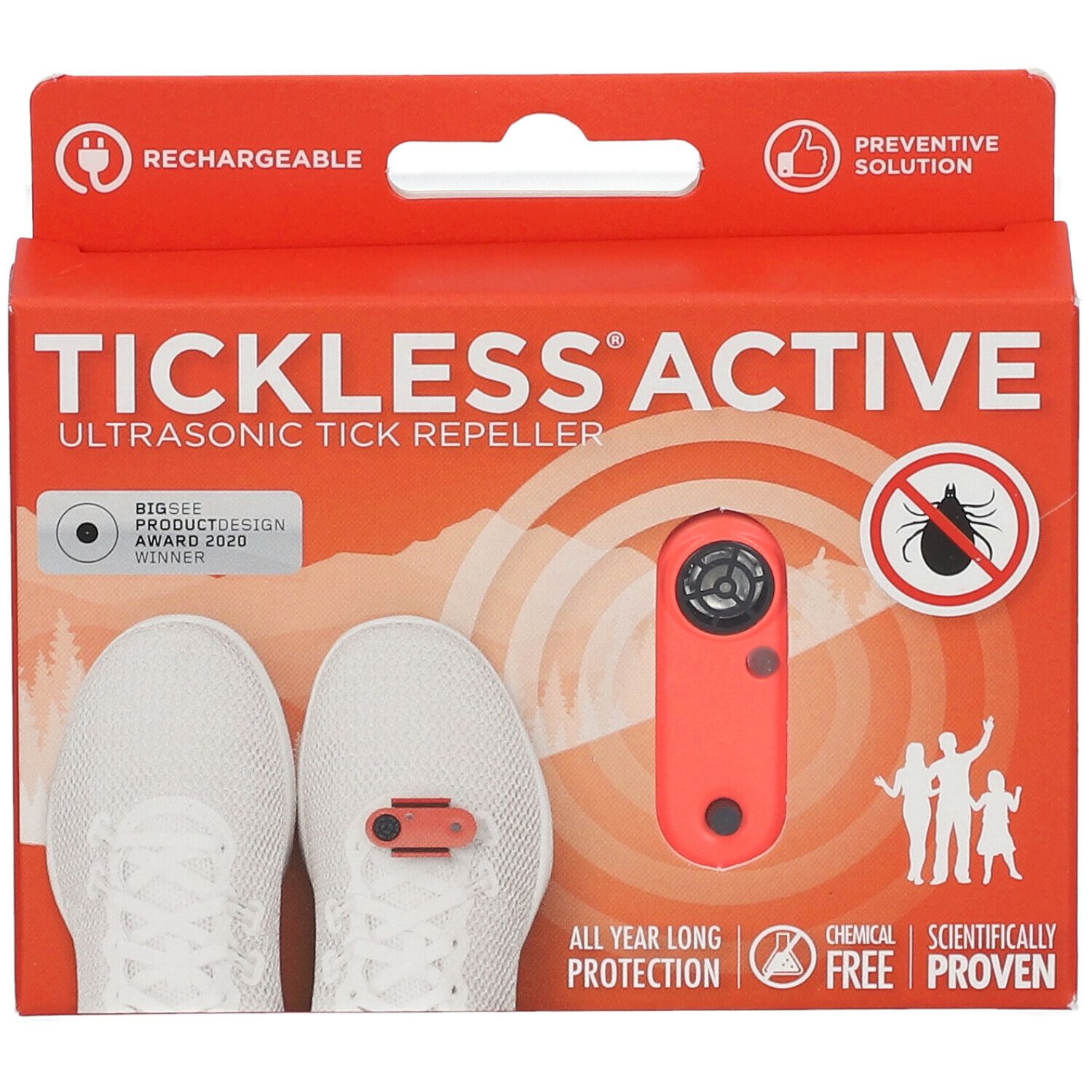 Rote Verpackung mit Produktabbildung. Zeigt ein Gerät und Schuhe. Text: TICKLESS ACTIVE, Ultraschall-Zeckenabwehr.