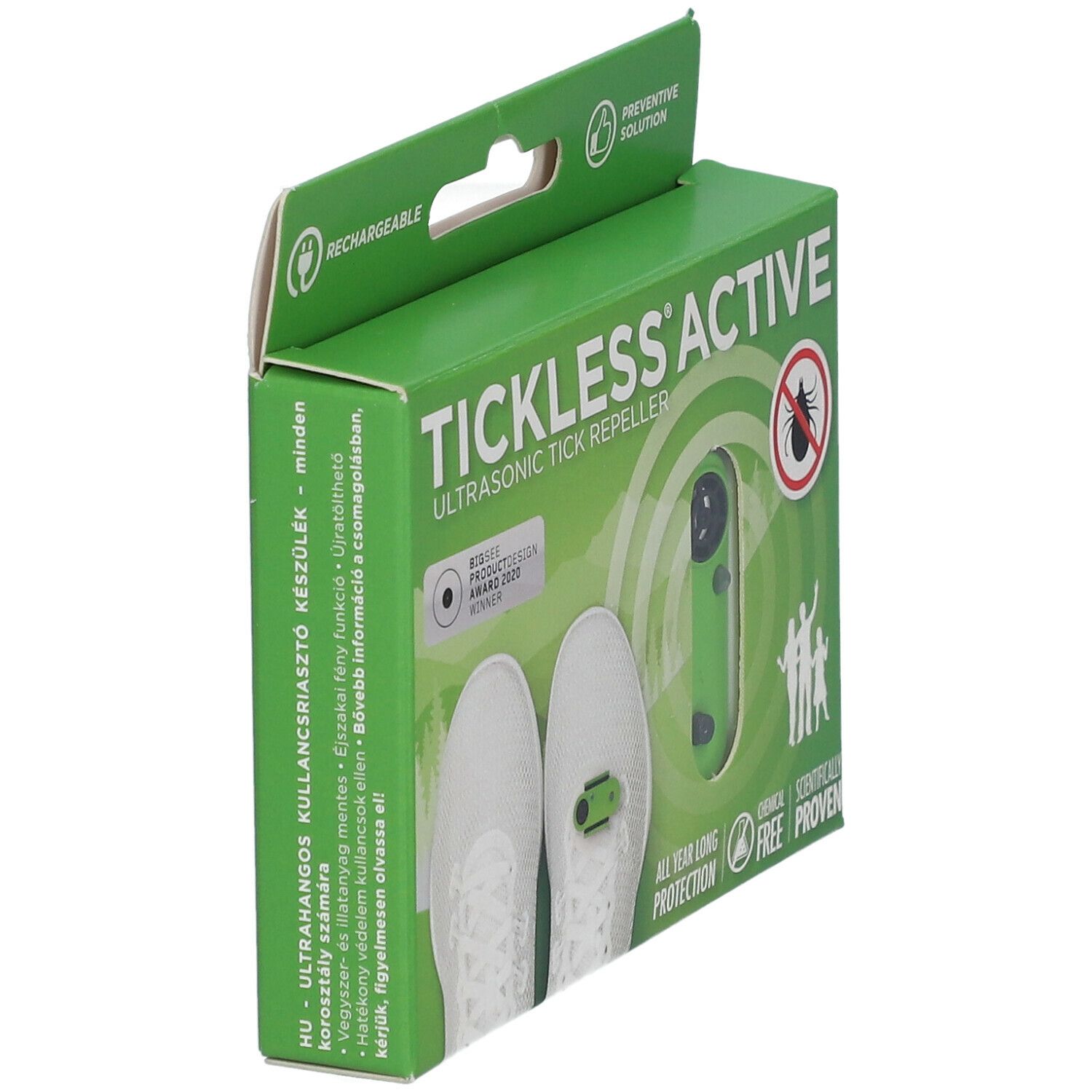 Groene verpakking, zijaanzicht. Productafbeelding en tekst: Tickless Active, Oplaadbaar, Preventief. Tekenwerend apparaat afgebeeld.