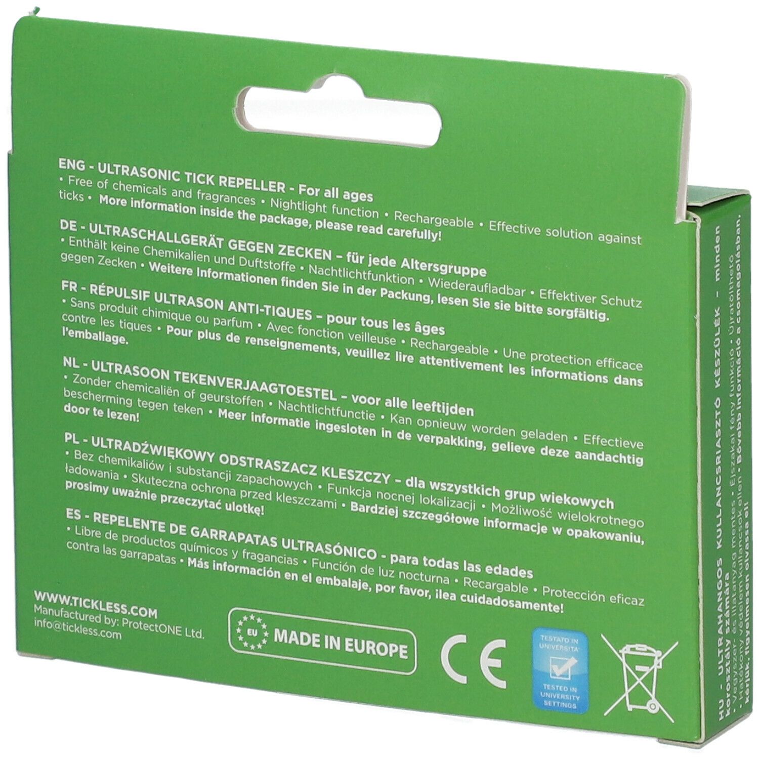 Achterkant van de groene verpakking. Tekst in meerdere talen. Informatie over het product: tekenwerend, ingrediënten, gebruik.