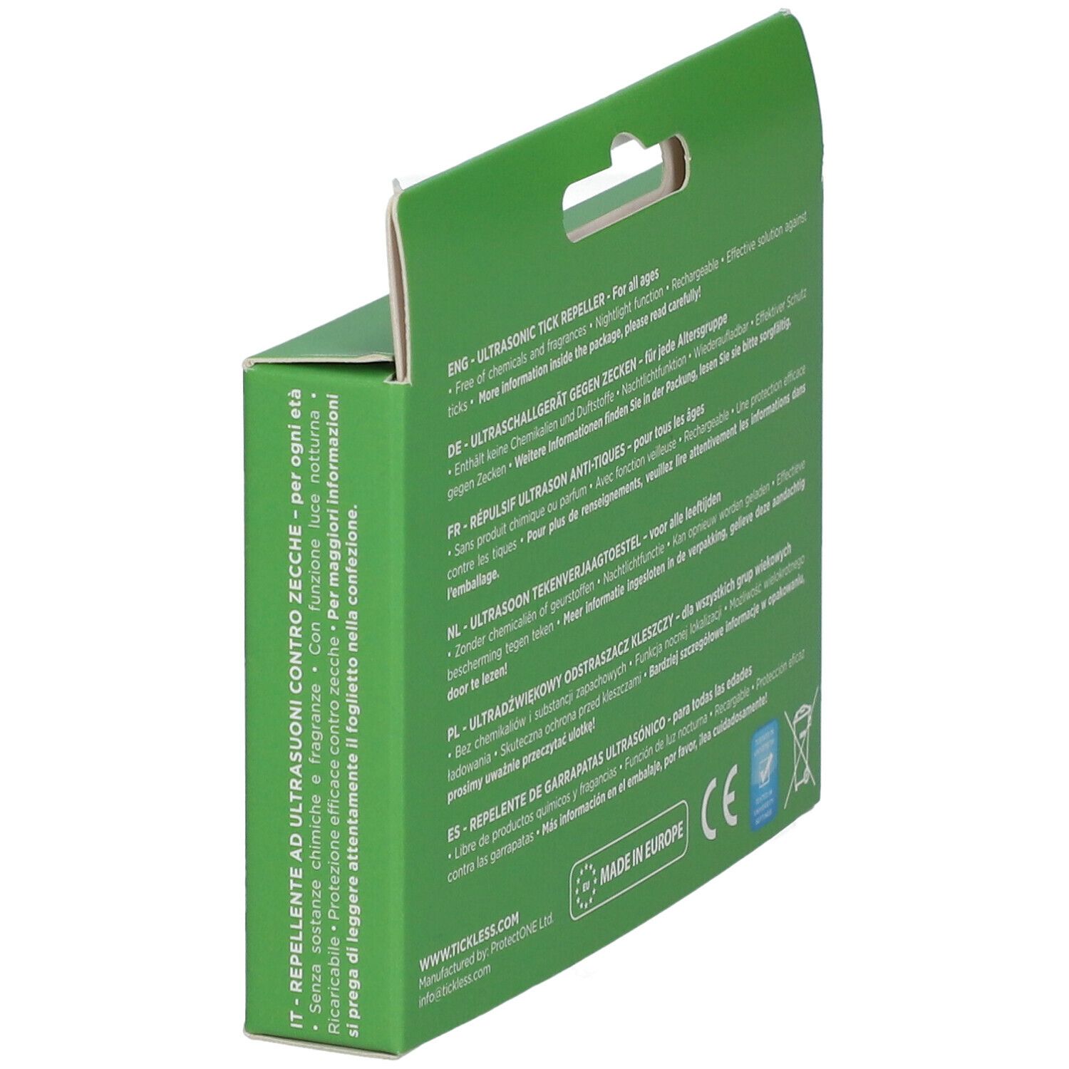 Zijaanzicht van de groene verpakking. Tekst in meerdere talen. Informatie over het product: tekenwerend, ingrediënten, gebruik.