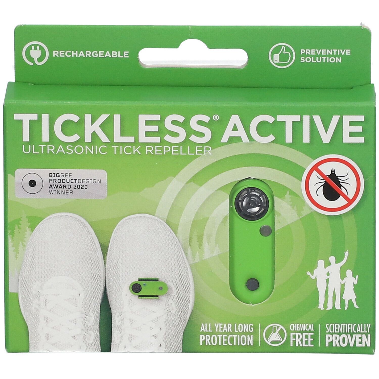 Groene verpakking met productafbeelding. Tekenwerend apparaat en schoenen afgebeeld. Tekst: Tickless Active, Oplaadbaar, Preventief.