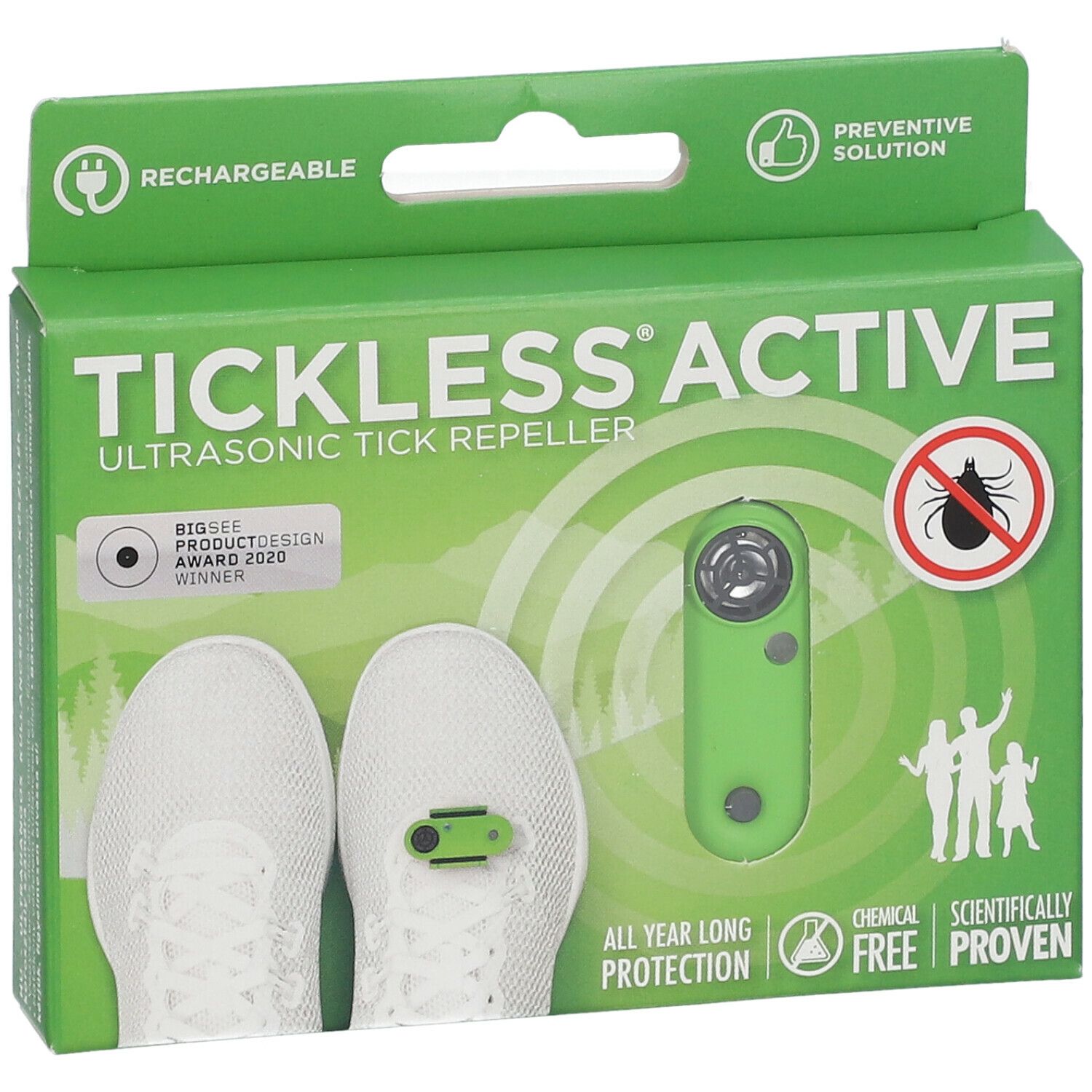 Groene verpakking met productafbeelding. Tekenwerend apparaat en schoenen afgebeeld. Tekst: Tickless Active, Oplaadbaar, Preventief.