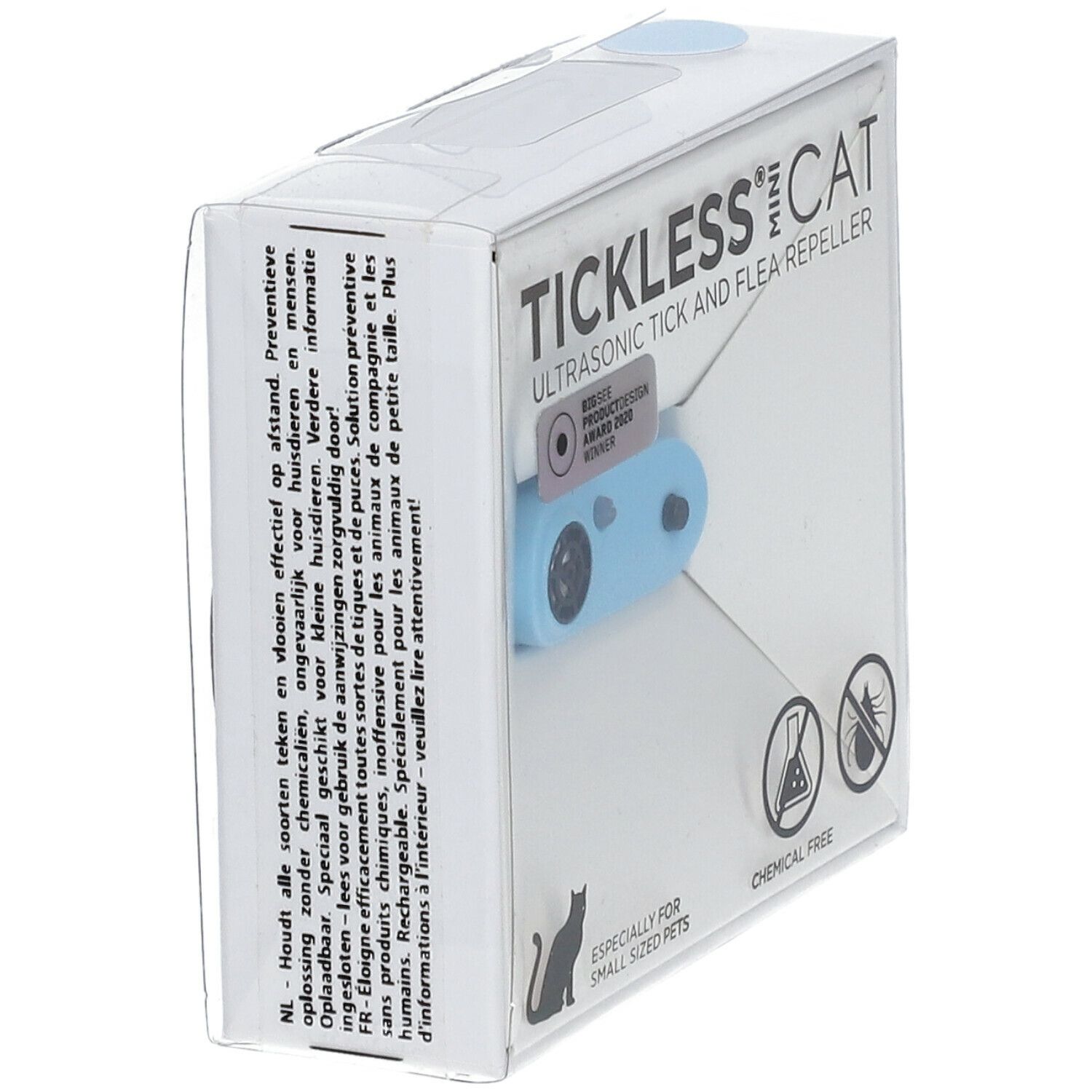 Tickless Mini Cat in verpakking. Tekst: Ultrasone teken- en vlooienwerende werking. Gedrukte informatie in het Nederlands en Frans.