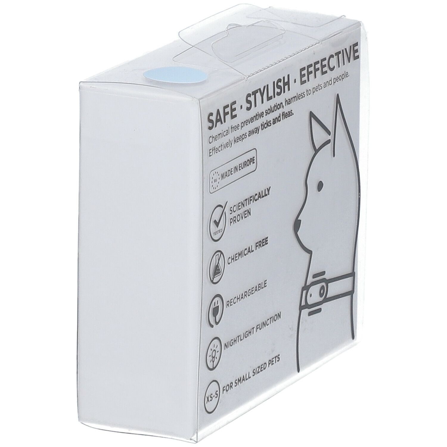 Witte verpakking met tekst: Veilig, stijlvol, effectief. Voor kleine huisdieren. Certificeringen: Made in Europe, wetenschappelijk bewezen, chemievrij.