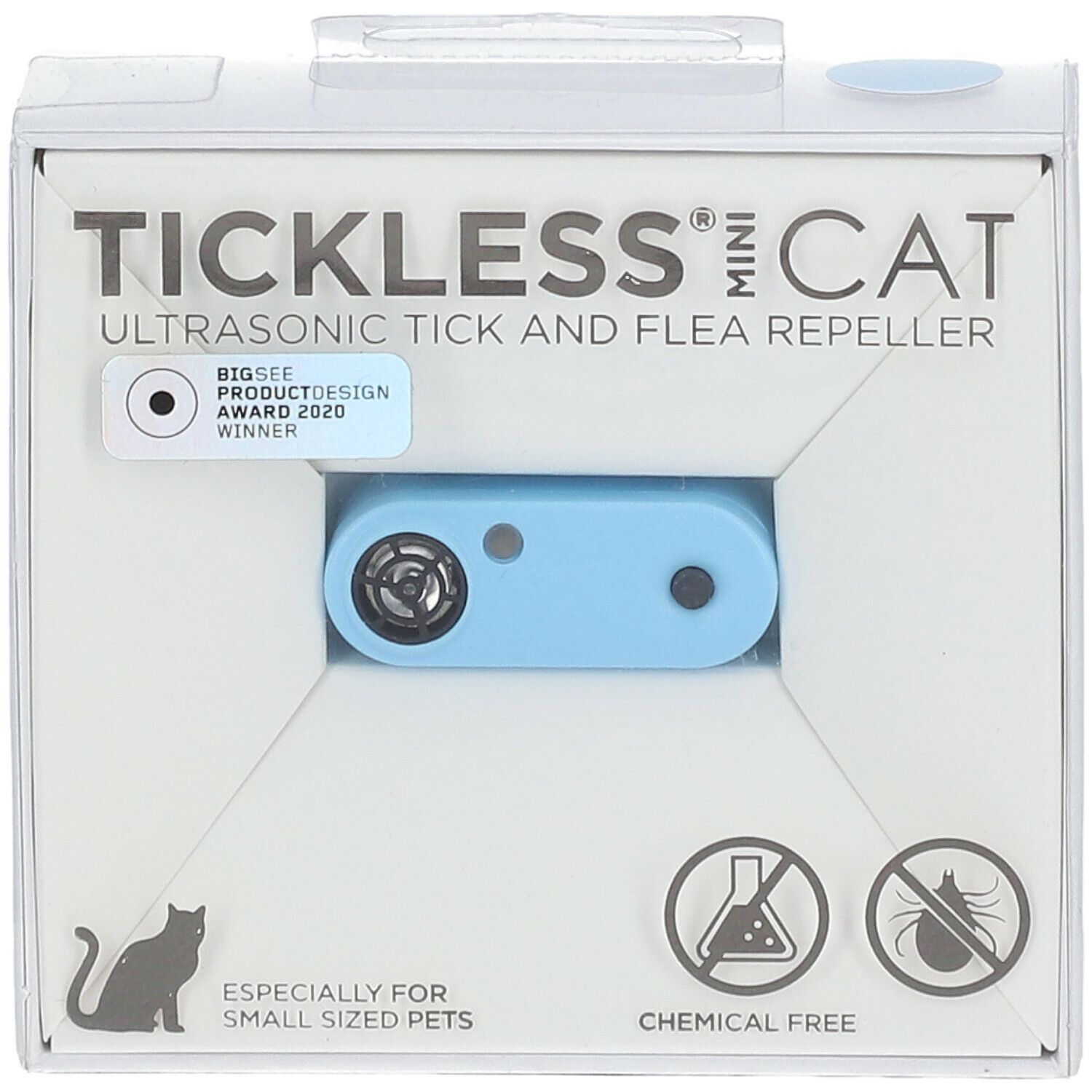Blauw Tickless Mini Cat-apparaat in witte verpakking. Ultrasone teken- en vlooienwerende werking. "Big See Product Design Award 2020".
