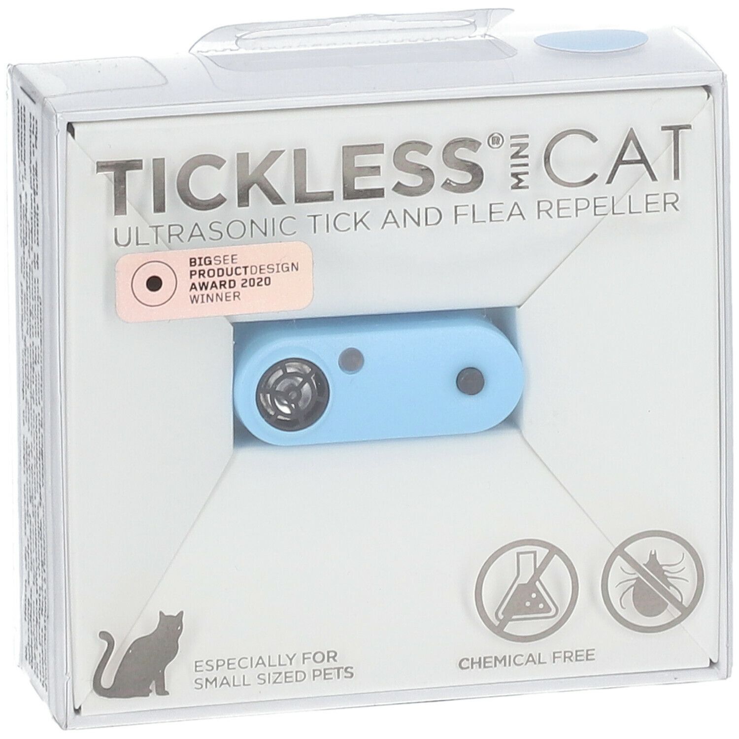 Blauw Tickless Mini Cat-apparaat in witte verpakking. Ultrasone teken- en vlooienwerende werking. "Big See Product Design Award 2020".
