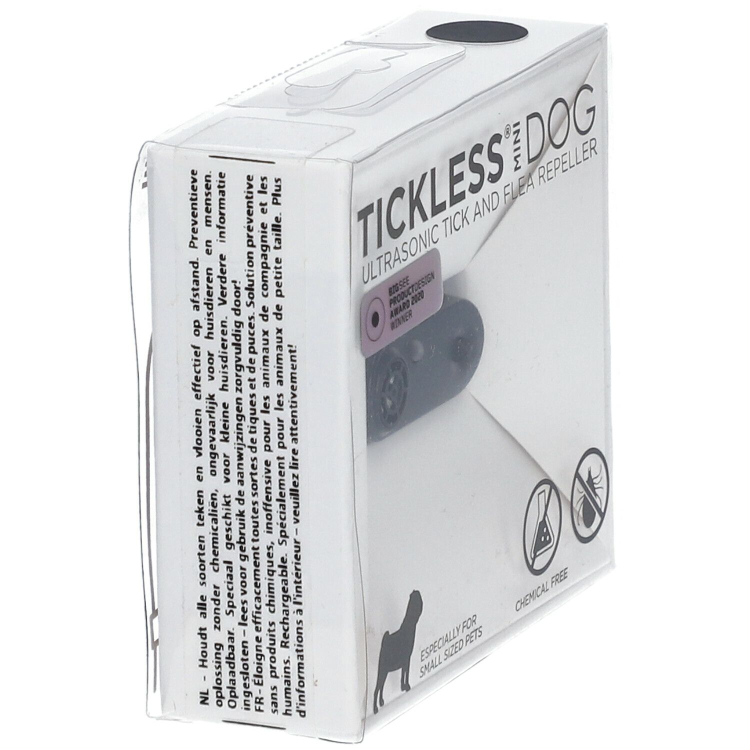 Verpakking met product. Zwart apparaat zichtbaar door venster. Tekst: TICKLESS MINI DOG, ultrasone teken- en vlooienverjager. Meertalige tekst.