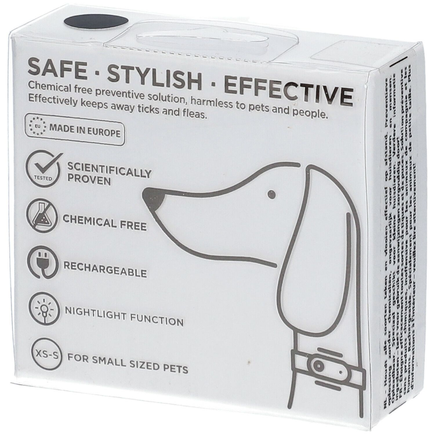 Witte verpakking met tekst en symbolen. Tekst: SAFE, STYLISH, EFFECTIVE. Made in Europe. Wetenschappelijk bewezen. Chemievrij. Oplaadbaar.