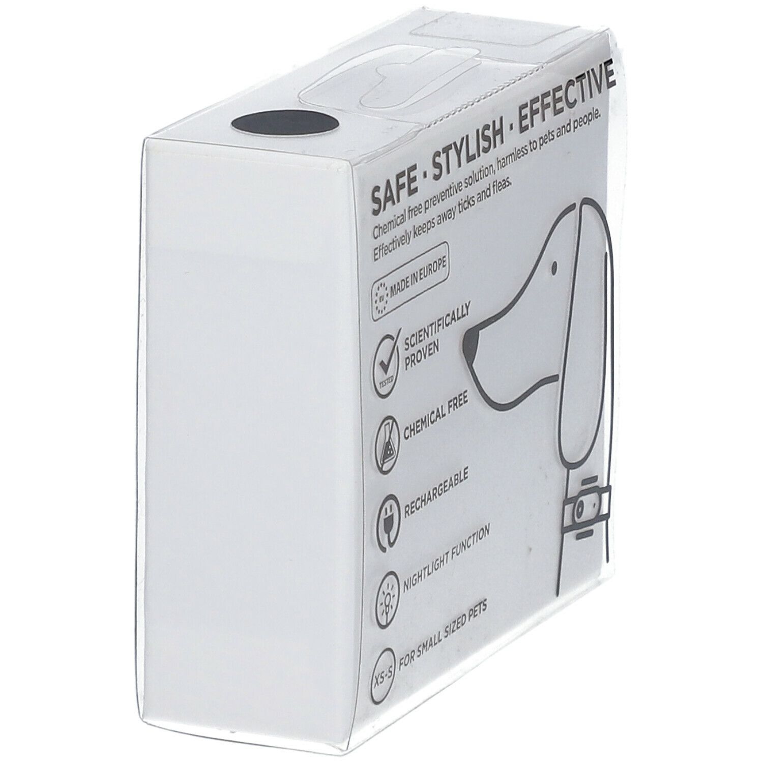 Witte verpakking met tekst en symbolen. Tekst: SAFE, STYLISH, EFFECTIVE. Made in Europe. Wetenschappelijk bewezen. Chemievrij. Oplaadbaar.