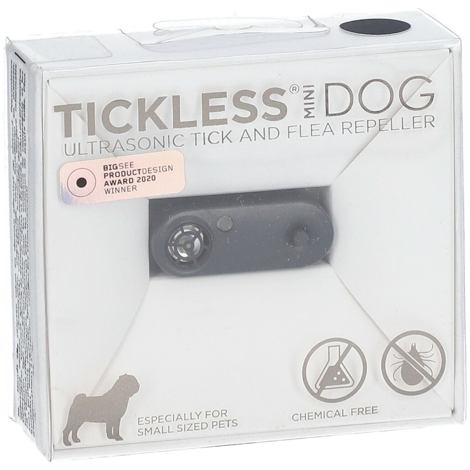 Verpakking met product. Grijs apparaat zichtbaar door venster. Tekst: TICKLESS MINI DOG, ultrasone teken- en vlooienverjager. Onderscheiding.
