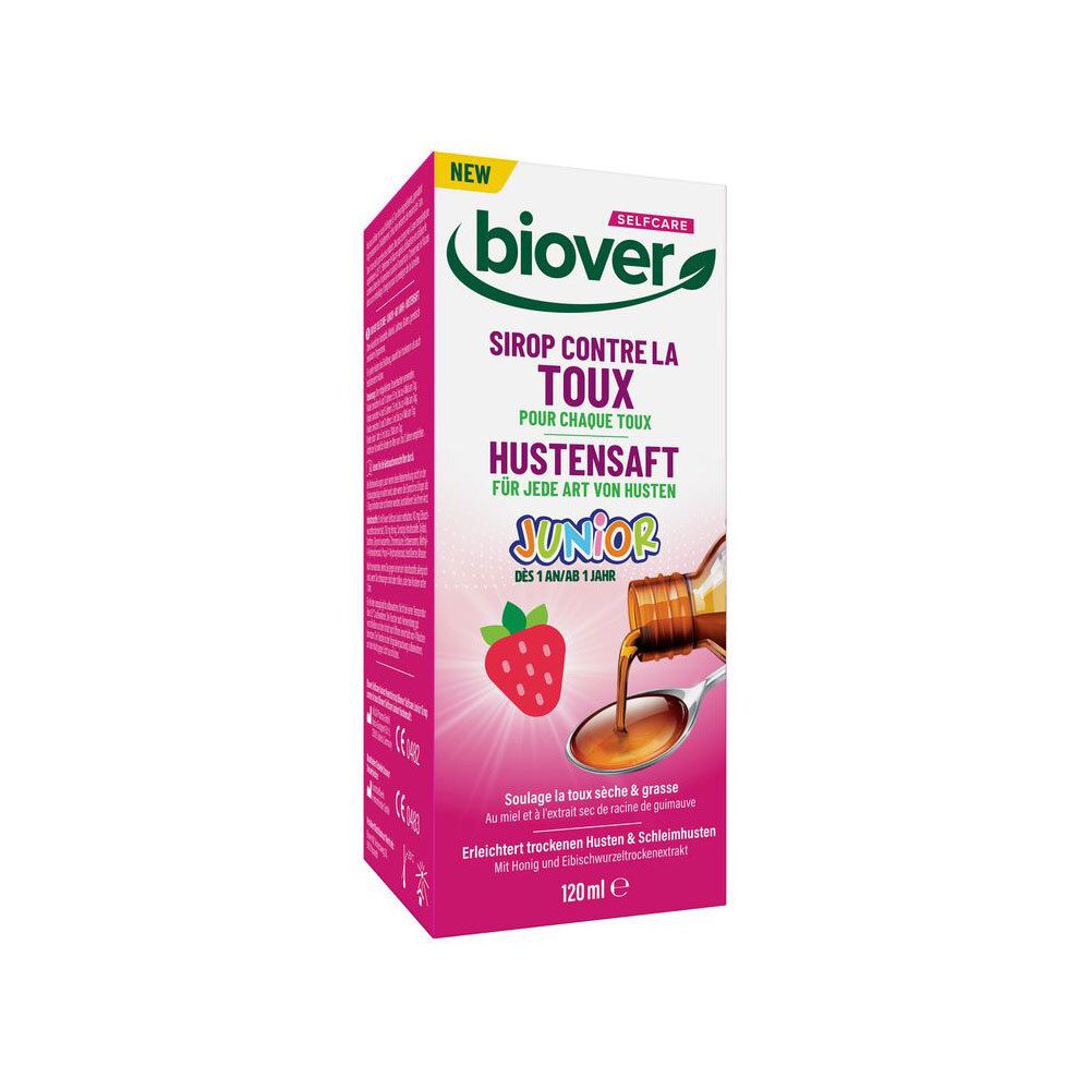 Emballage avec texte: Biover, Sirop Contre la Toux Junior, 120ml. Illustration: Fraise et cuillère.