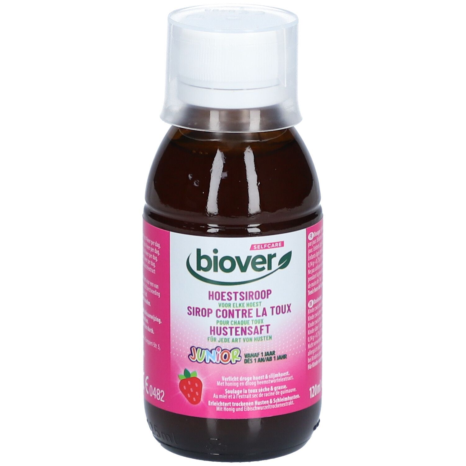 Bouteille de liquide brun avec bouchon blanc. Étiquette avec texte: Biover, Sirop Contre la Toux Junior.