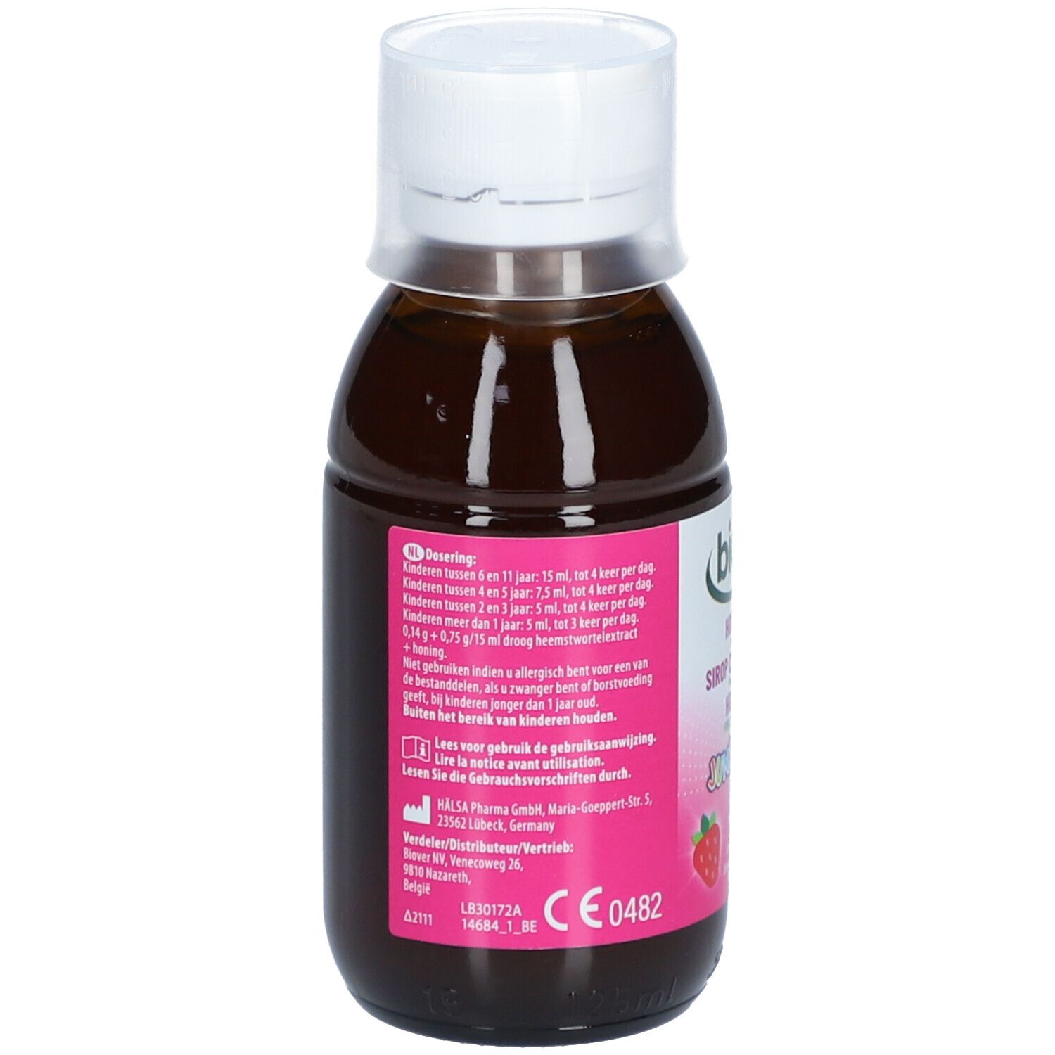 Dos de bouteille de liquide brun. Étiquette avec informations de dosage et fabricant.