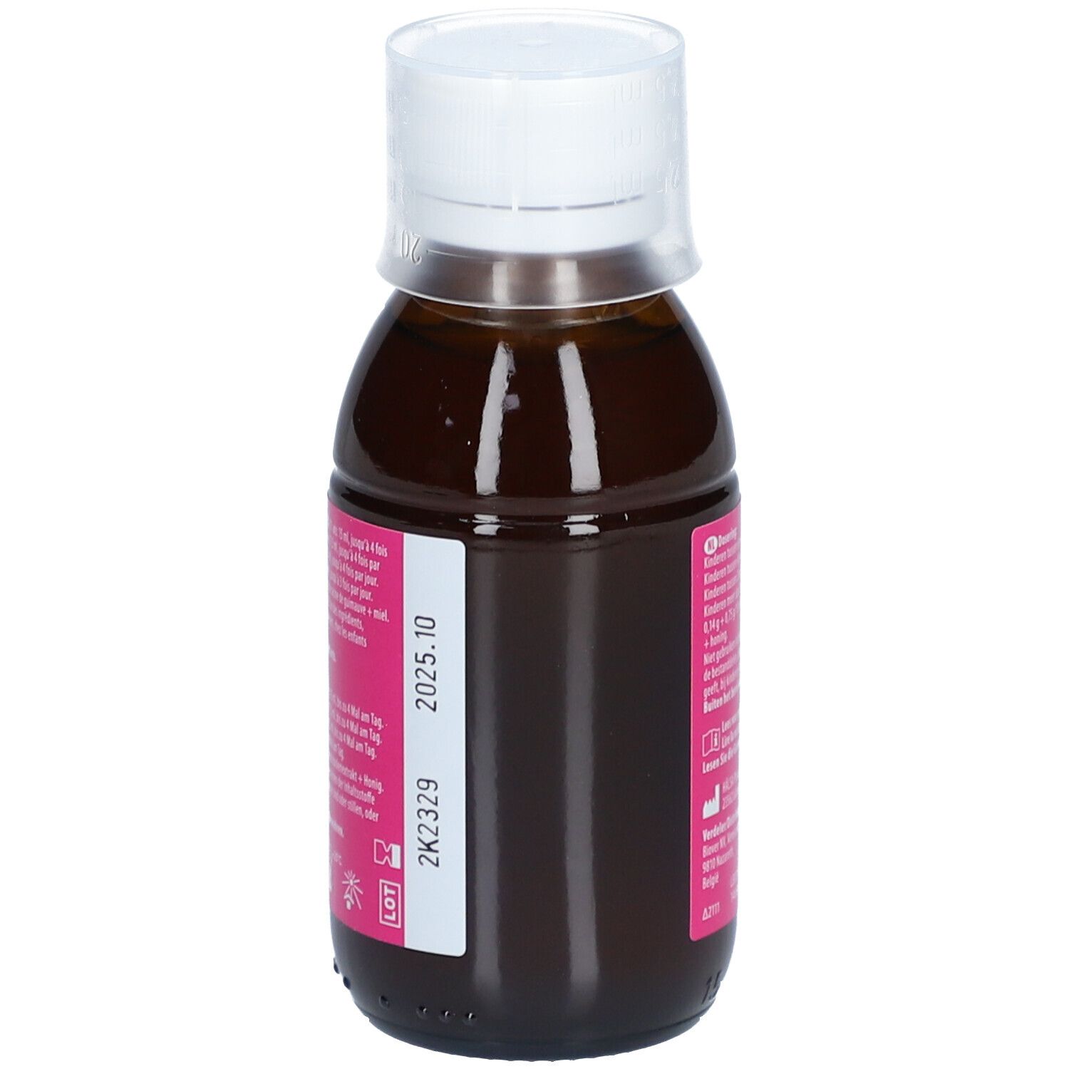 Bouteille de liquide brun. Étiquette avec numéro de lot et date de péremption 2025.10.