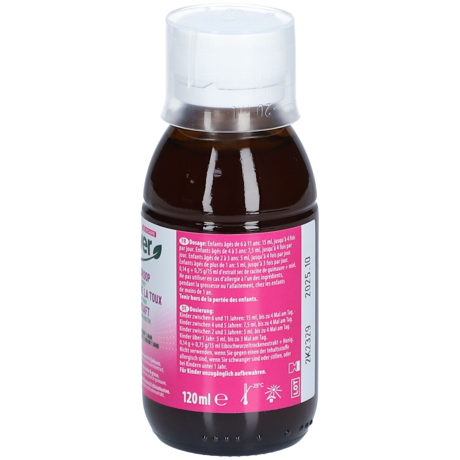 Bouteille de liquide brun. Étiquette avec informations de dosage et date de péremption 2025.10.
