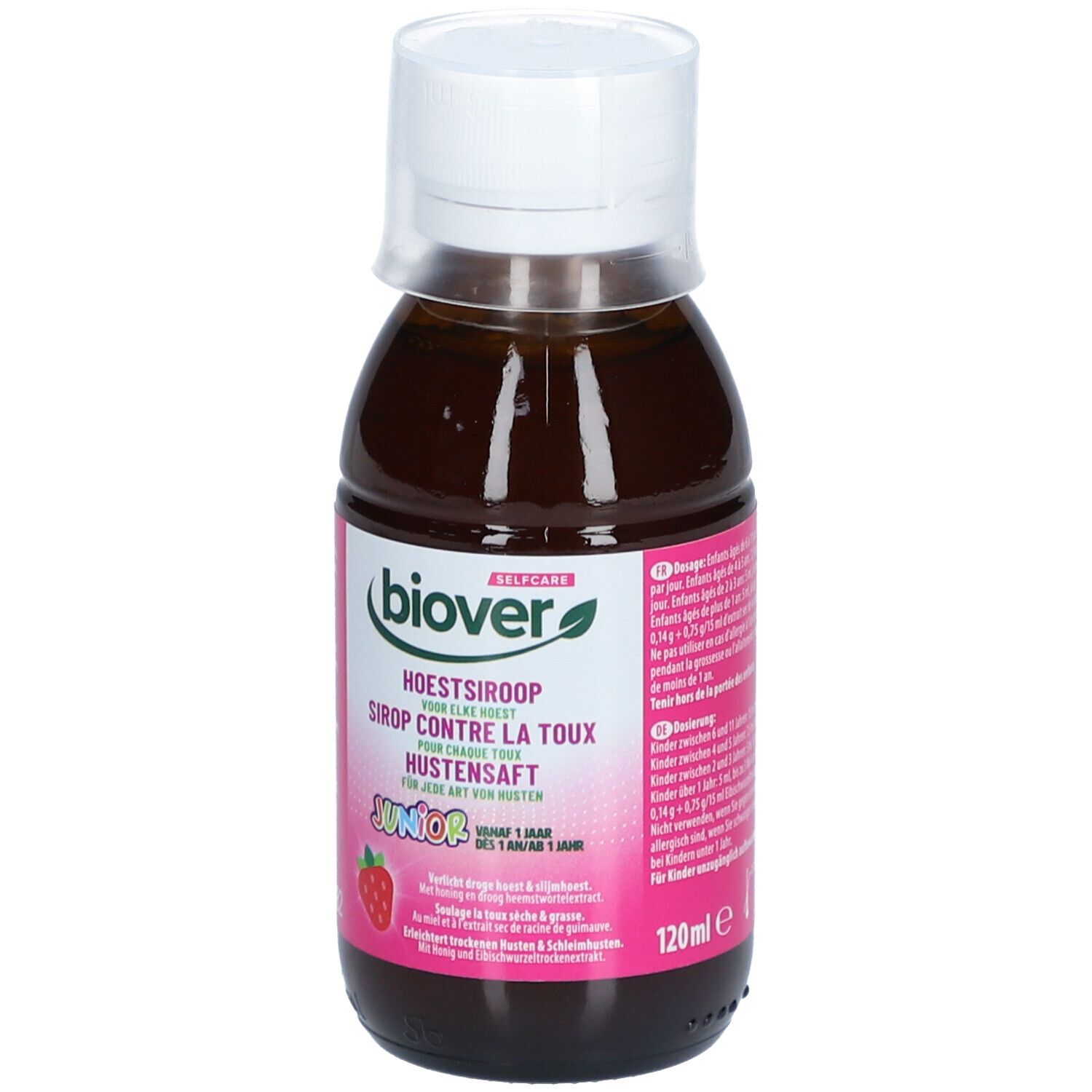 Bouteille de liquide brun. Étiquette avec texte: Biover, Sirop Contre la Toux Junior, 120ml.