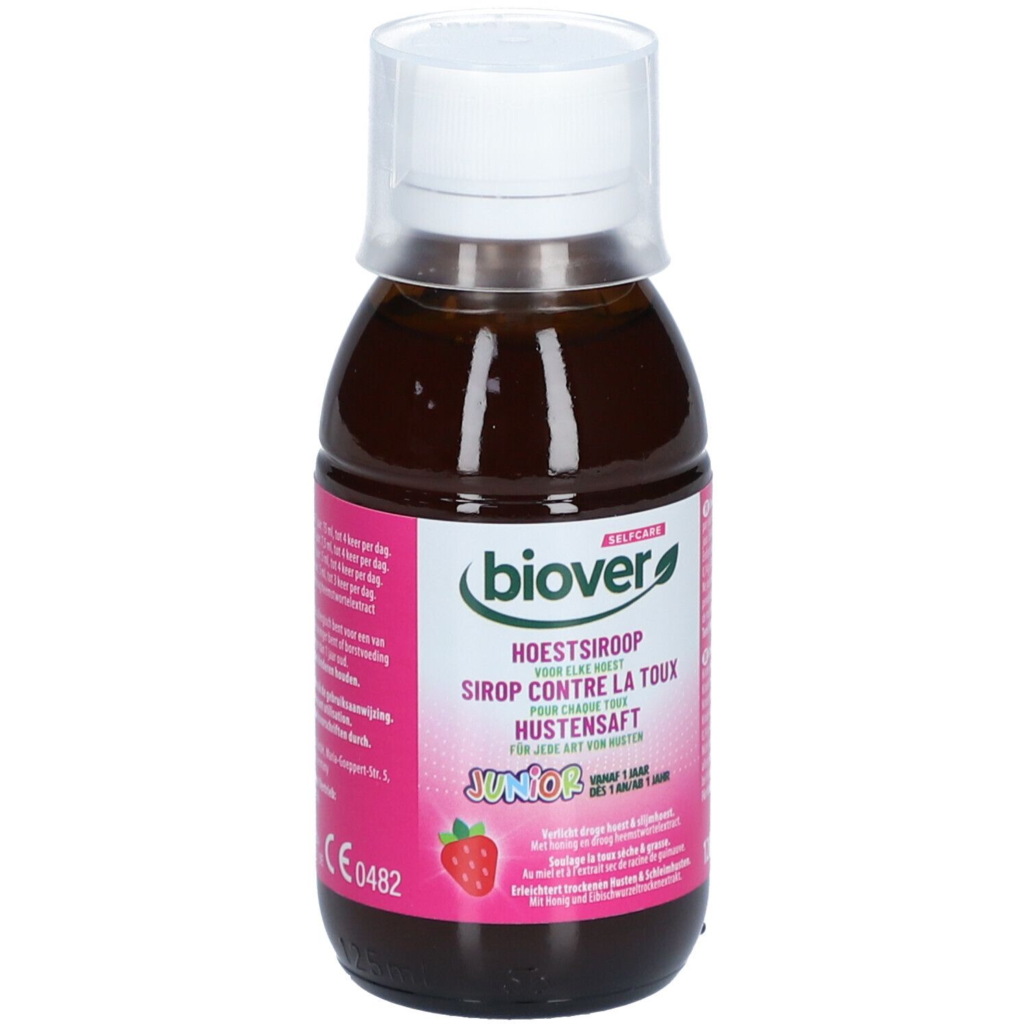 Bouteille de liquide brun. Étiquette avec texte: Biover, Sirop Contre la Toux Junior, 120ml.