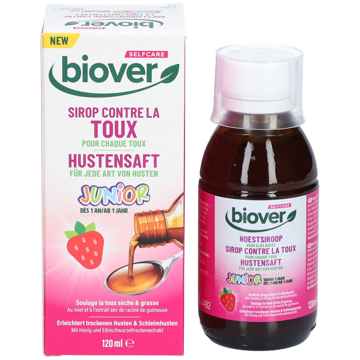 Emballage avec bouteille et texte: Biover, Sirop Contre la Toux Junior, 120ml. Illustration: Fraise.