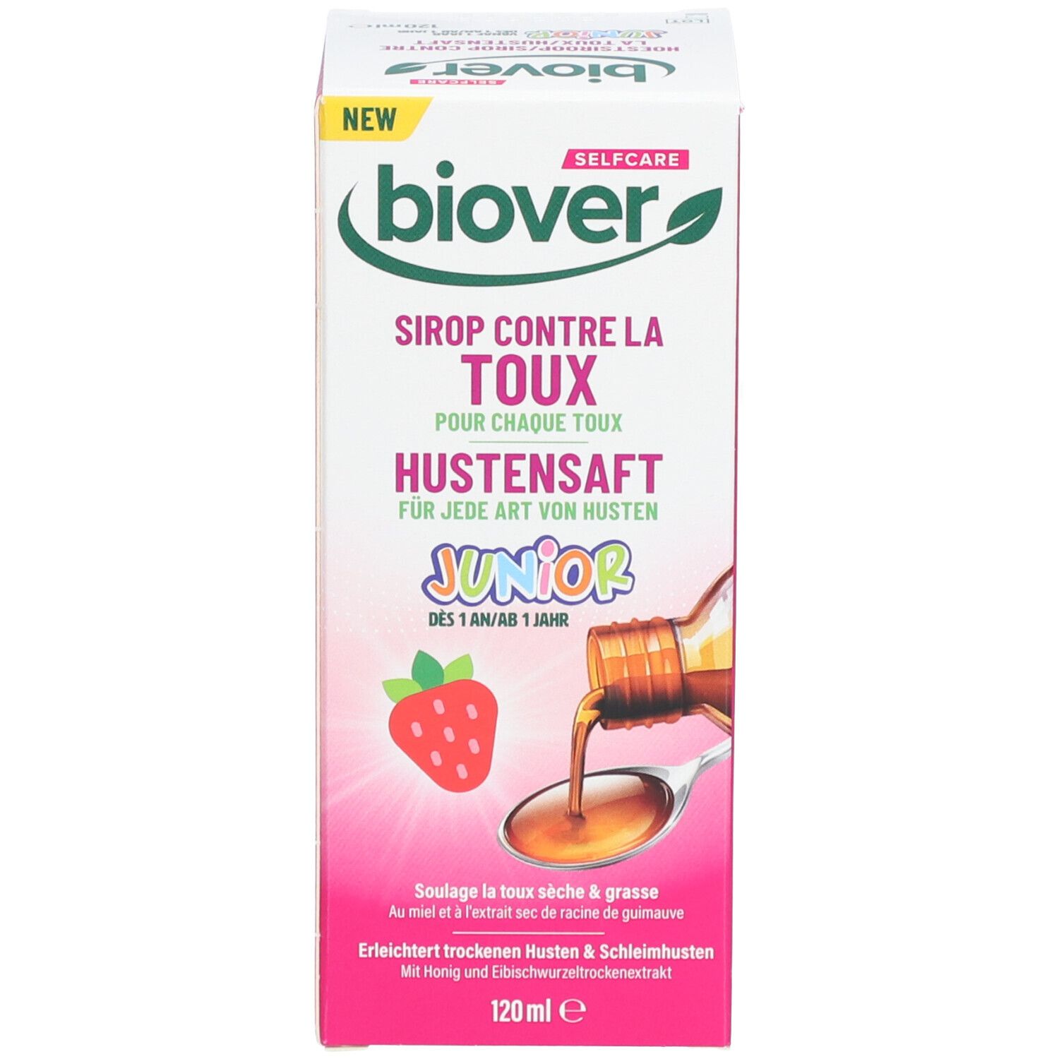 Emballage avec texte: Biover, Sirop Contre la Toux Junior, 120ml. Illustration: Fraise et cuillère.