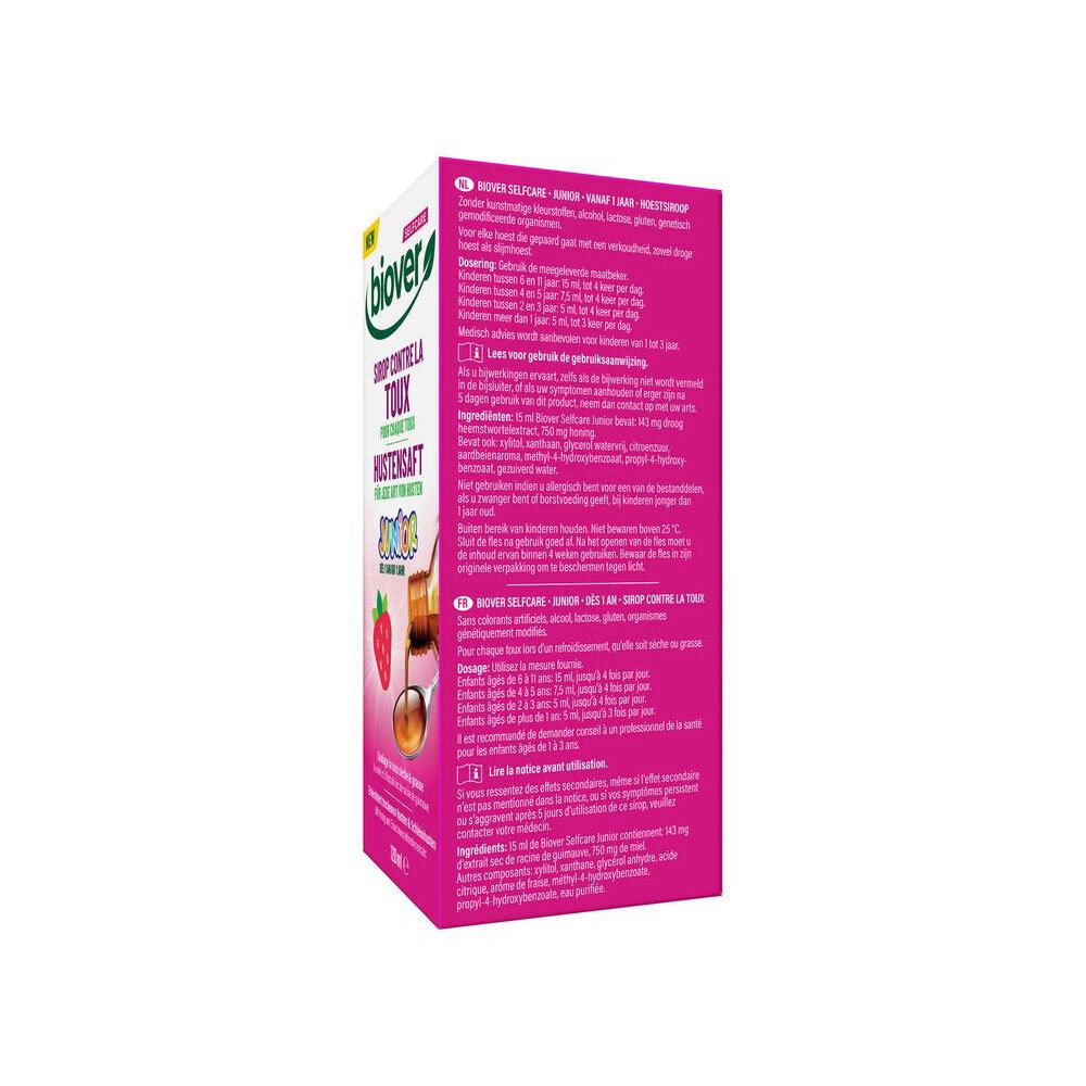 Emballage, vue latérale. Texte: Biover, Sirop Contre la Toux Junior. Illustration: Fraise.