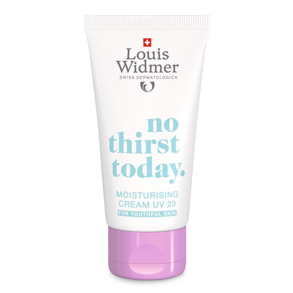 Tube blanc avec bouchon lilas. Inscription: Louis Widmer, no thirst today. Crème hydratante UV 20.