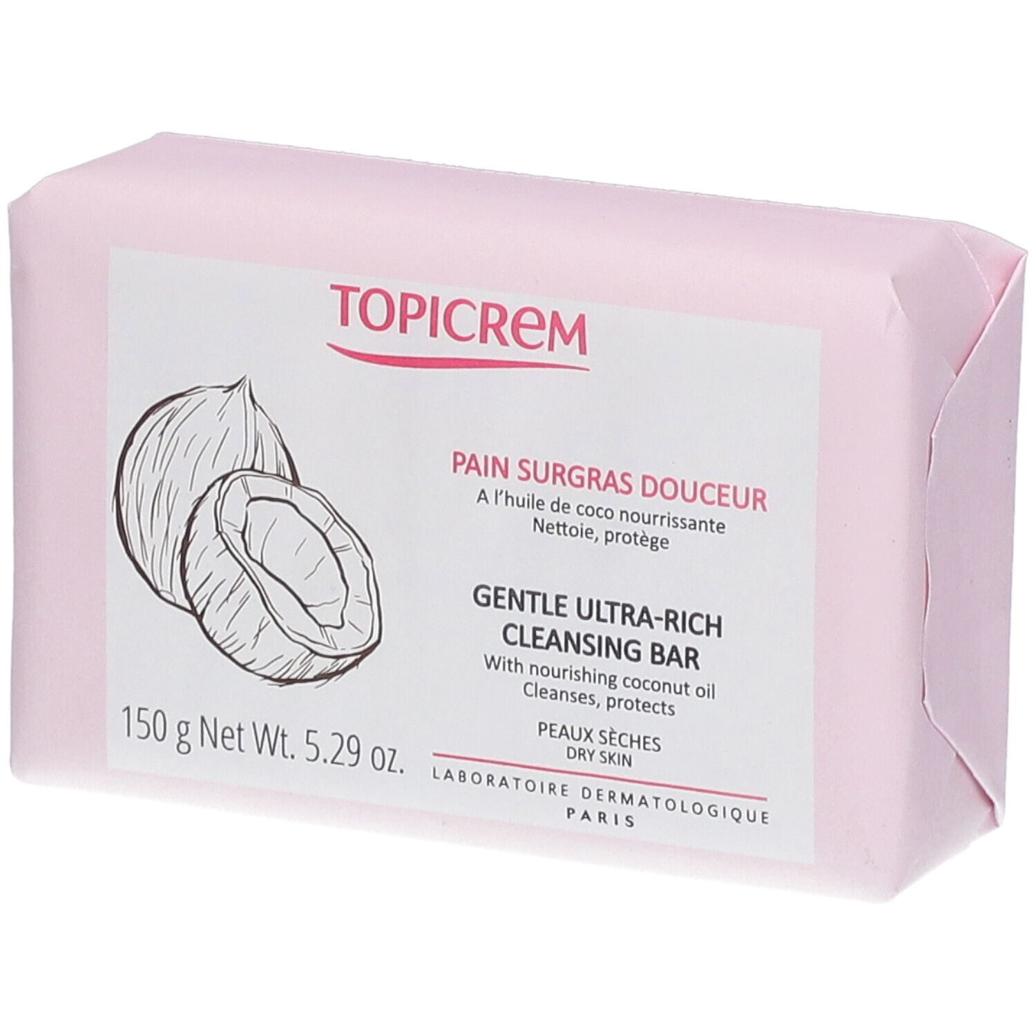 Roze zeep in papieren verpakking. Opschrift TOPICREM, Pain Surgras Douceur, zachte reiniging. Met kokosolie. 150g.