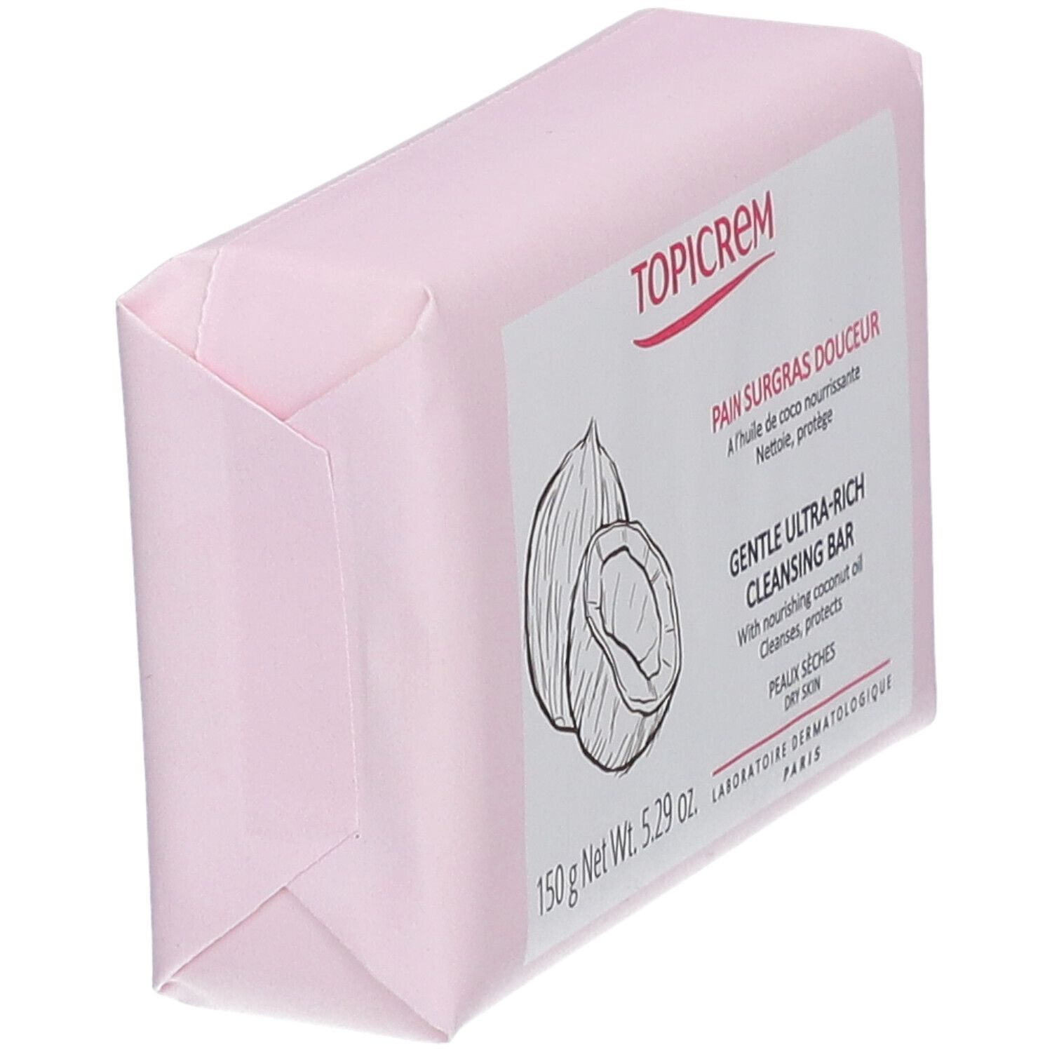 Roze zeep in papieren verpakking. Opschrift TOPICREM, Pain Surgras Douceur, zachte reiniging. Met kokosolie. 150g.