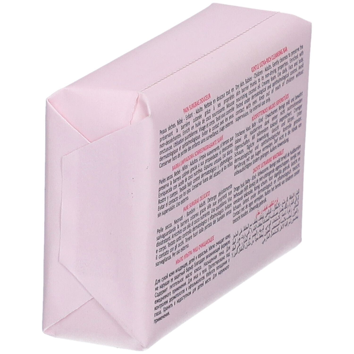 Roze zeep in papieren verpakking. Meertalige tekst. Opschrift TOPICREM, Pain Surgras Douceur, zachte reiniging. Met kokosolie.