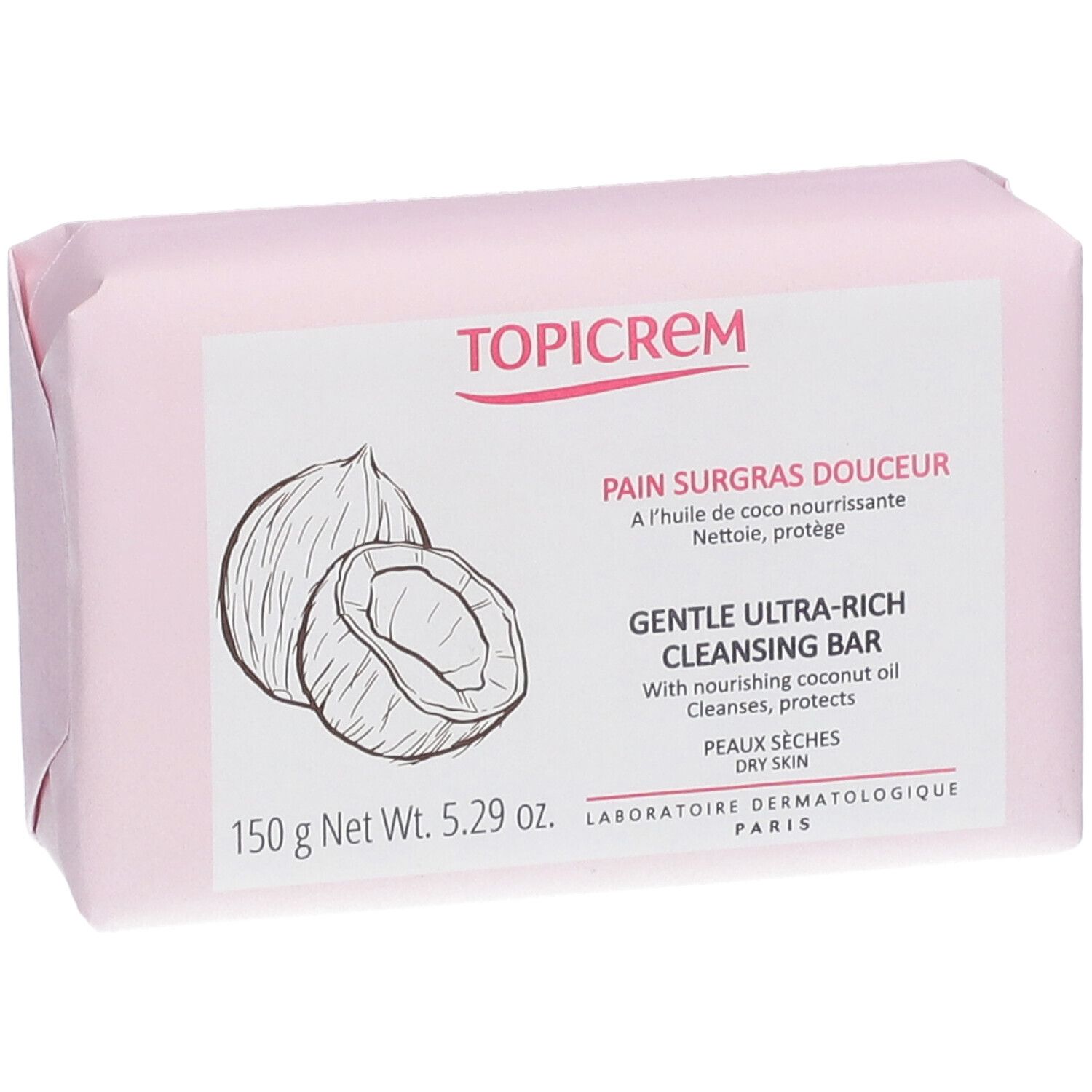 Roze zeep in papieren verpakking. Opschrift TOPICREM, Pain Surgras Douceur, zachte reiniging. Met kokosolie. 150g.