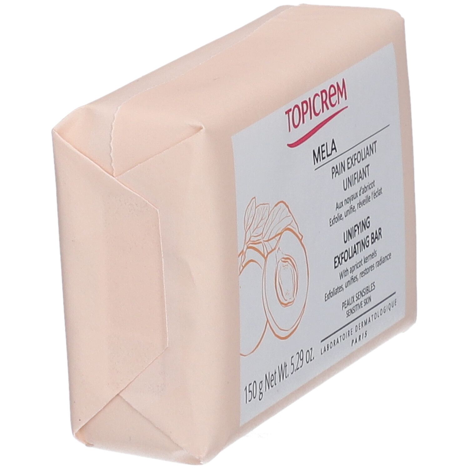 TOPICREM Mela Pad exfoliant. Vue oblique de l'emballage. Informations et logo visibles.