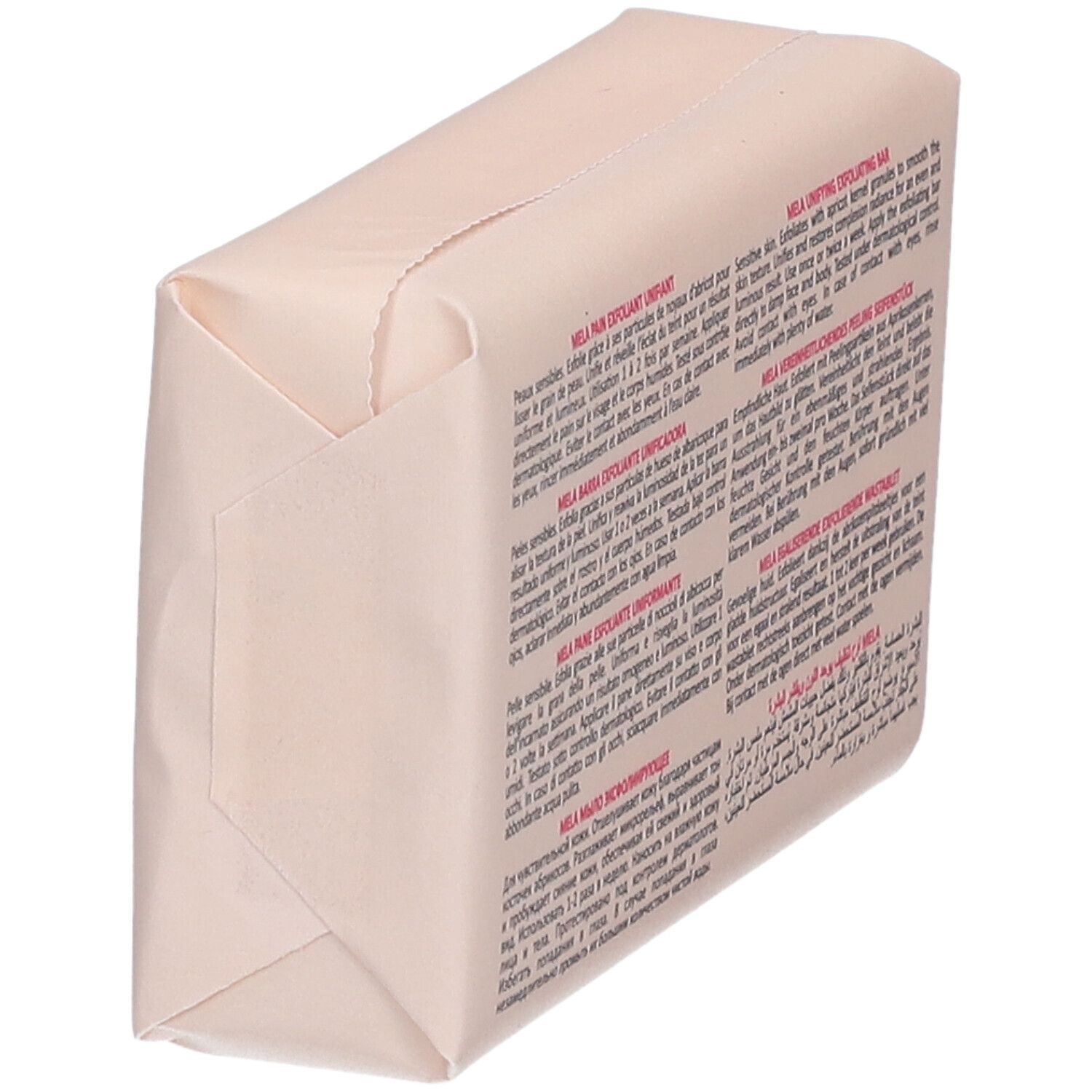 TOPICREM Mela Pad exfoliant. Vue oblique de l'emballage, dos avec texte. Informations produit.