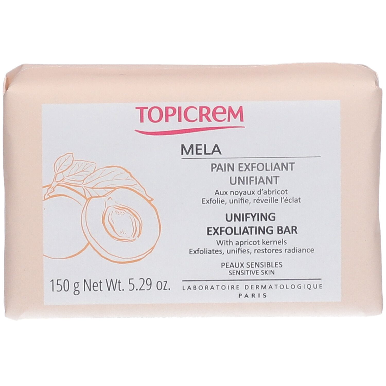 TOPICREM Mela Pad exfoliant. Vue de dessus de l'emballage. Informations et logo.