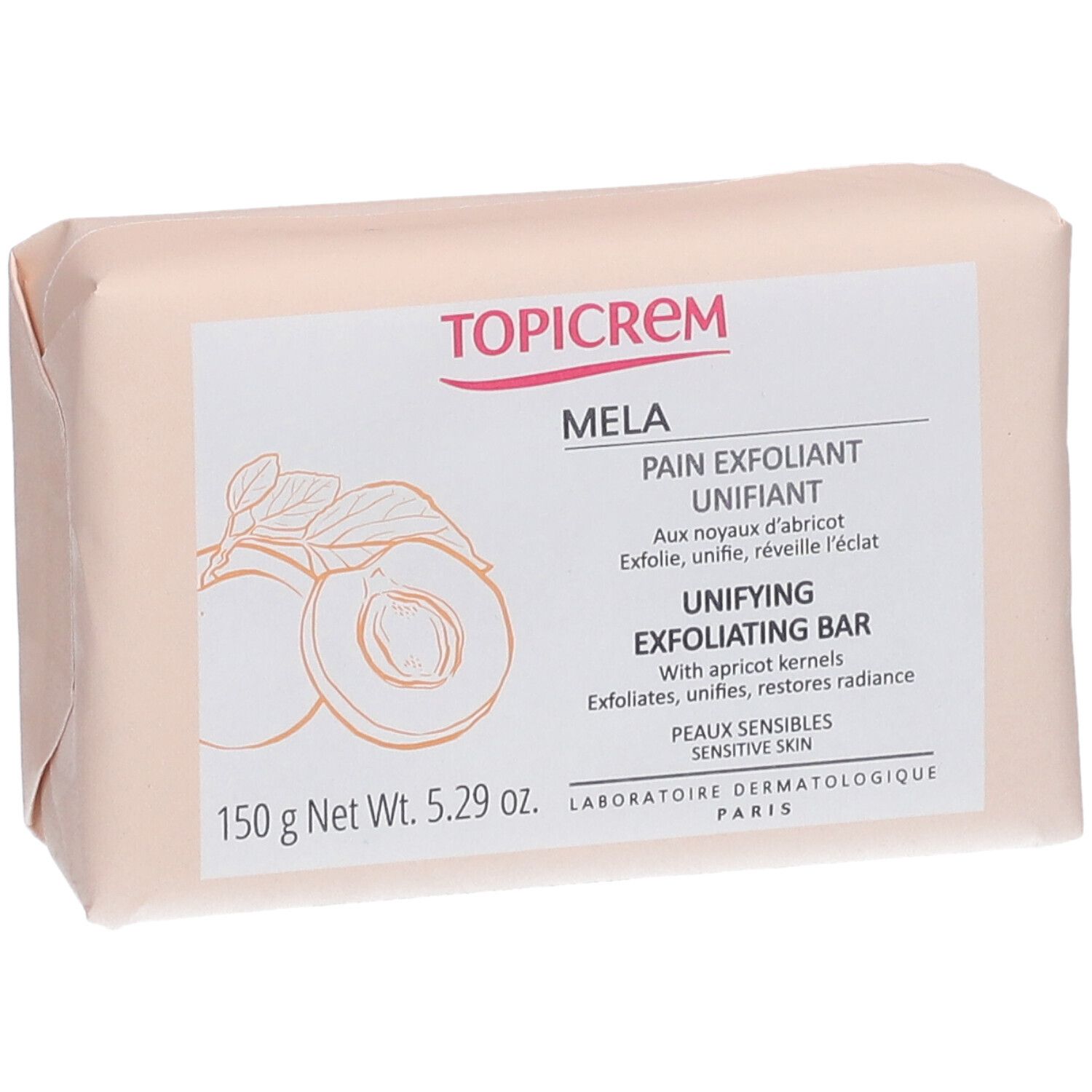 TOPICREM Mela Pad exfoliant. Vue de dessus de l'emballage. Informations et logo.