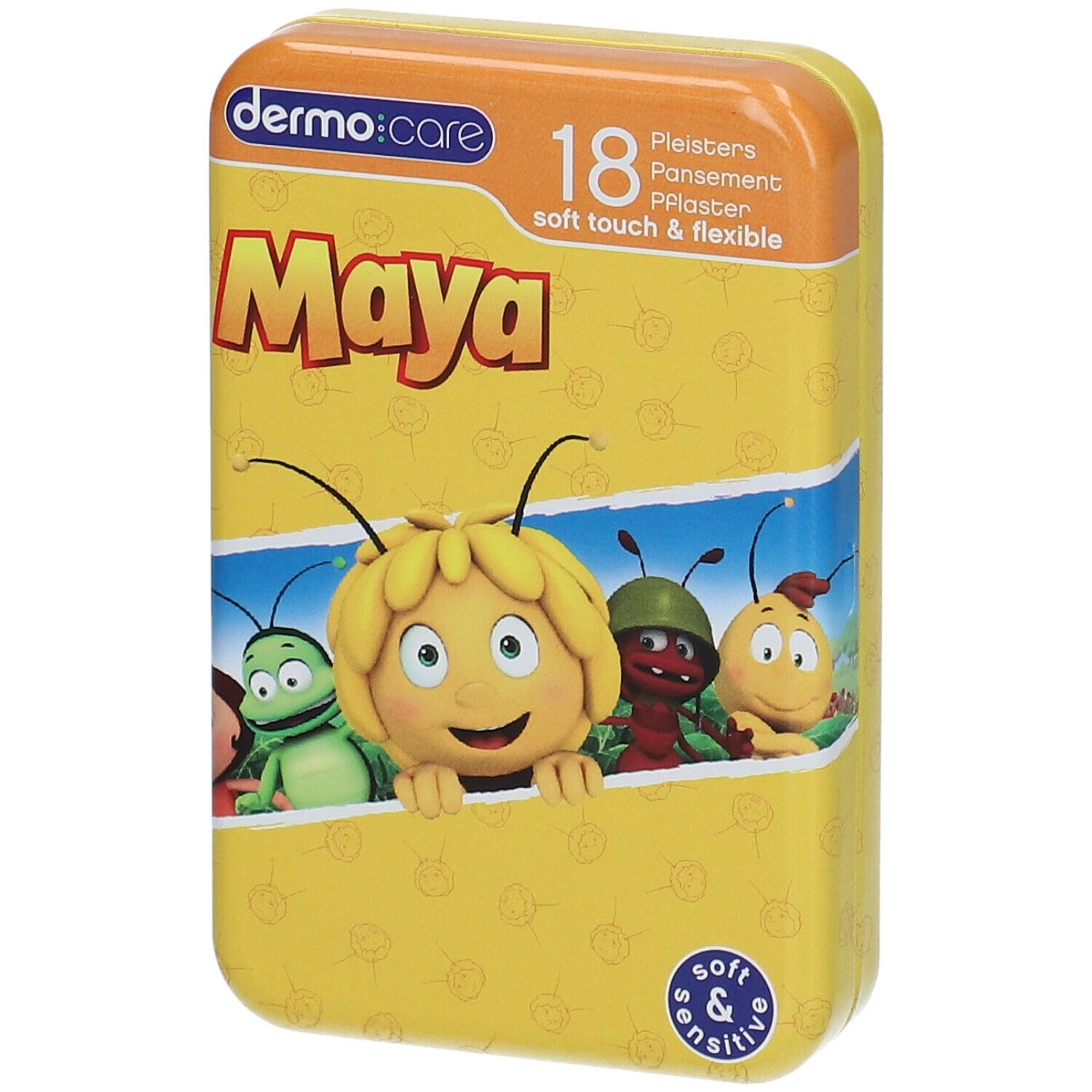 Gele metalen doos met "dermo:care" en "Maya". Bevat 18 pleisters. Afbeelding van Maja de Bij en vrienden.