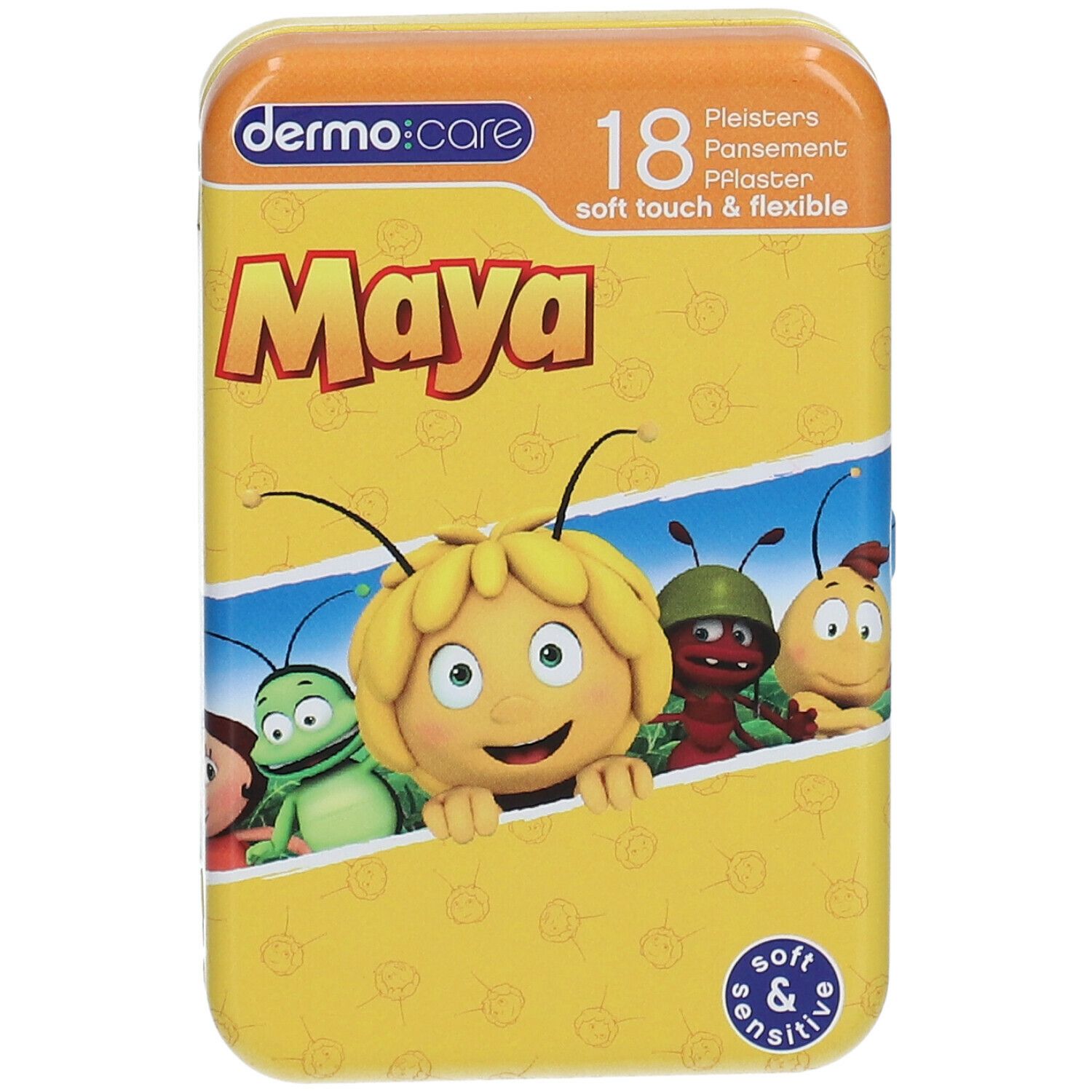 Gele metalen doos met "dermo:care" en "Maya". Bevat 18 pleisters. Afbeelding van Maja de Bij en vrienden.
