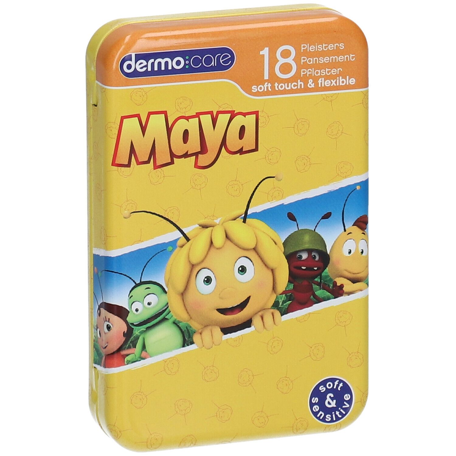Gele metalen doos met "dermo:care" en "Maya". Bevat 18 pleisters. Afbeelding van Maja de Bij en vrienden.